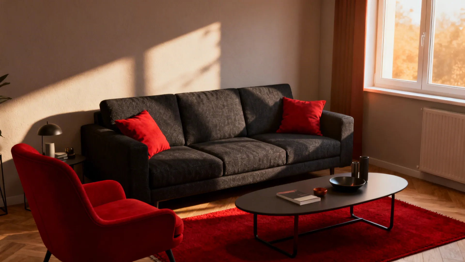Compact living room with a charcoal sofa and concentrated scarlet accents in pillows and an armchair.