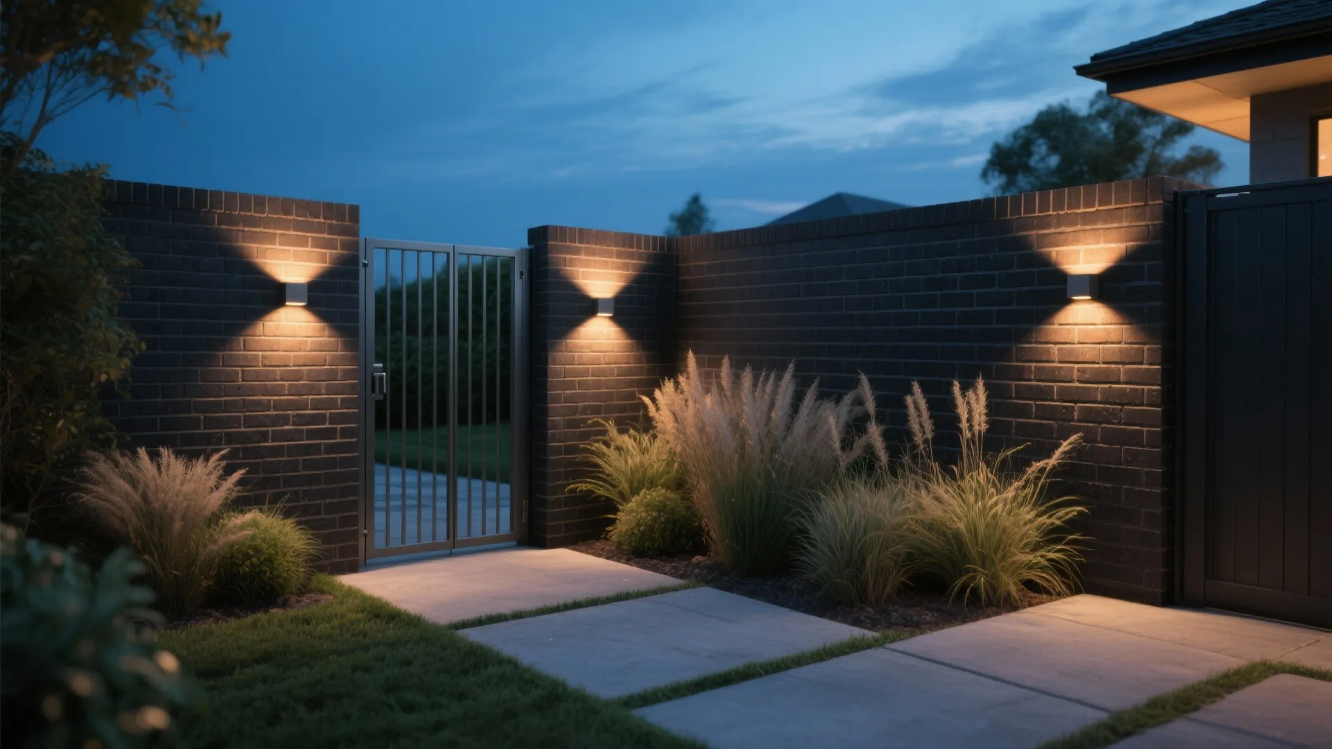 Charcoal Brick with Steel Accents and Night Lighting