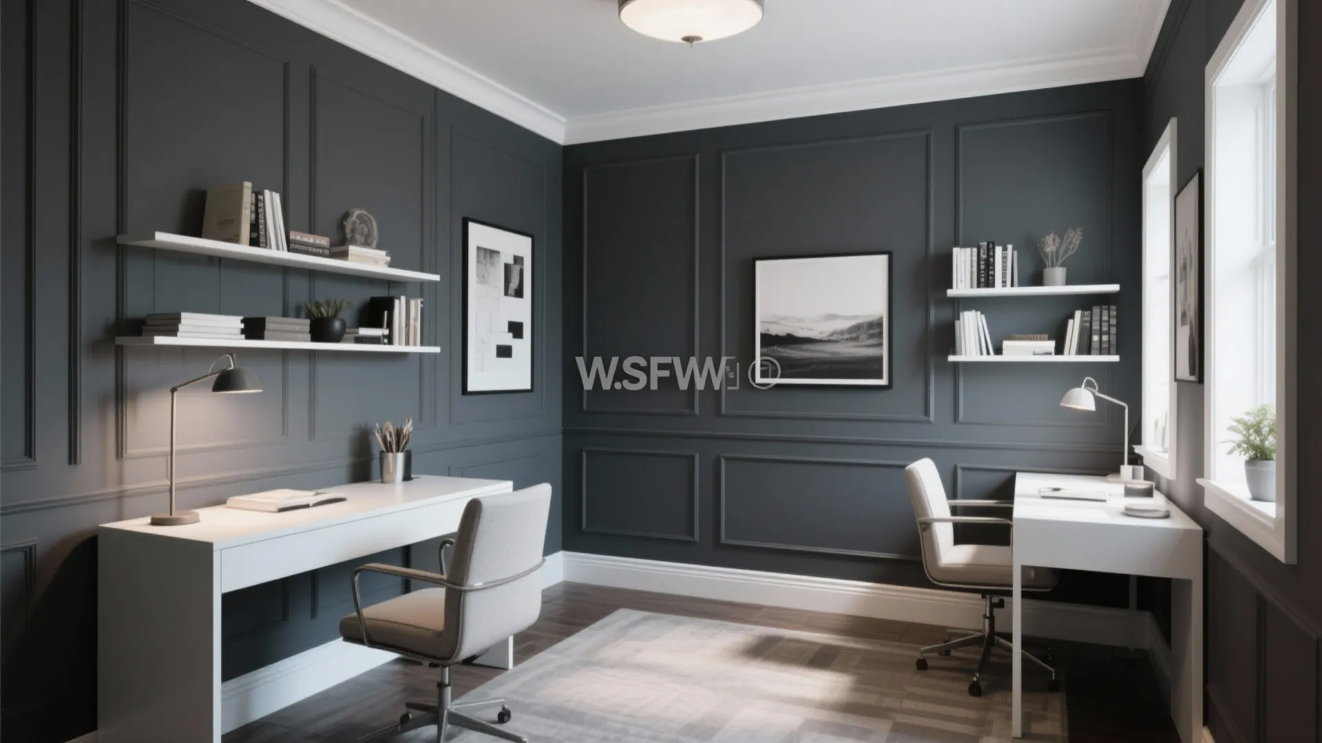 Modern home office with dark grey wall panels white desks matching chairs and ceiling light