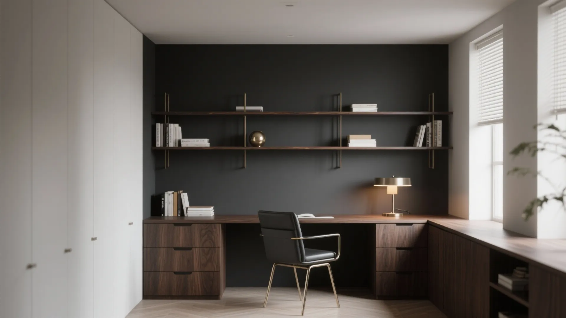 Charcoal wall in study nook with warm wood desk and metallic accents