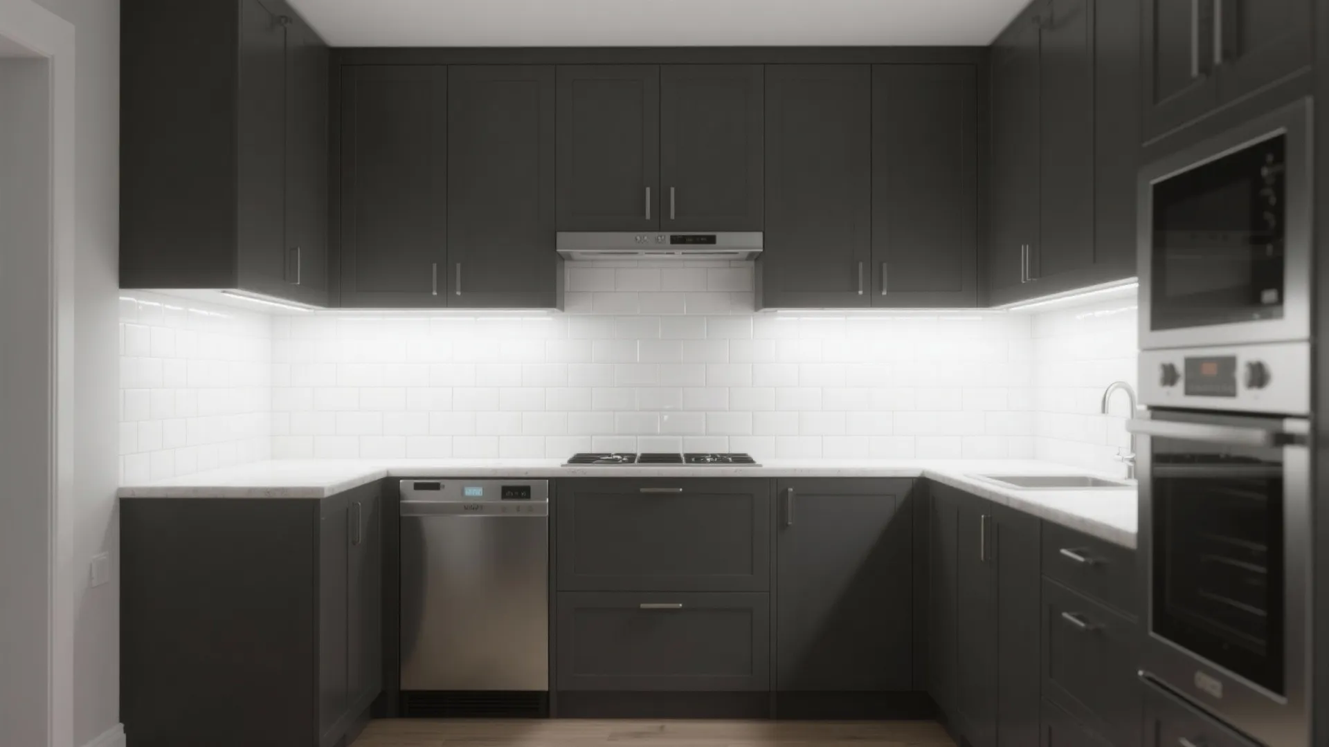 2. Matte charcoal cabinets and glossy subway tile backsplash