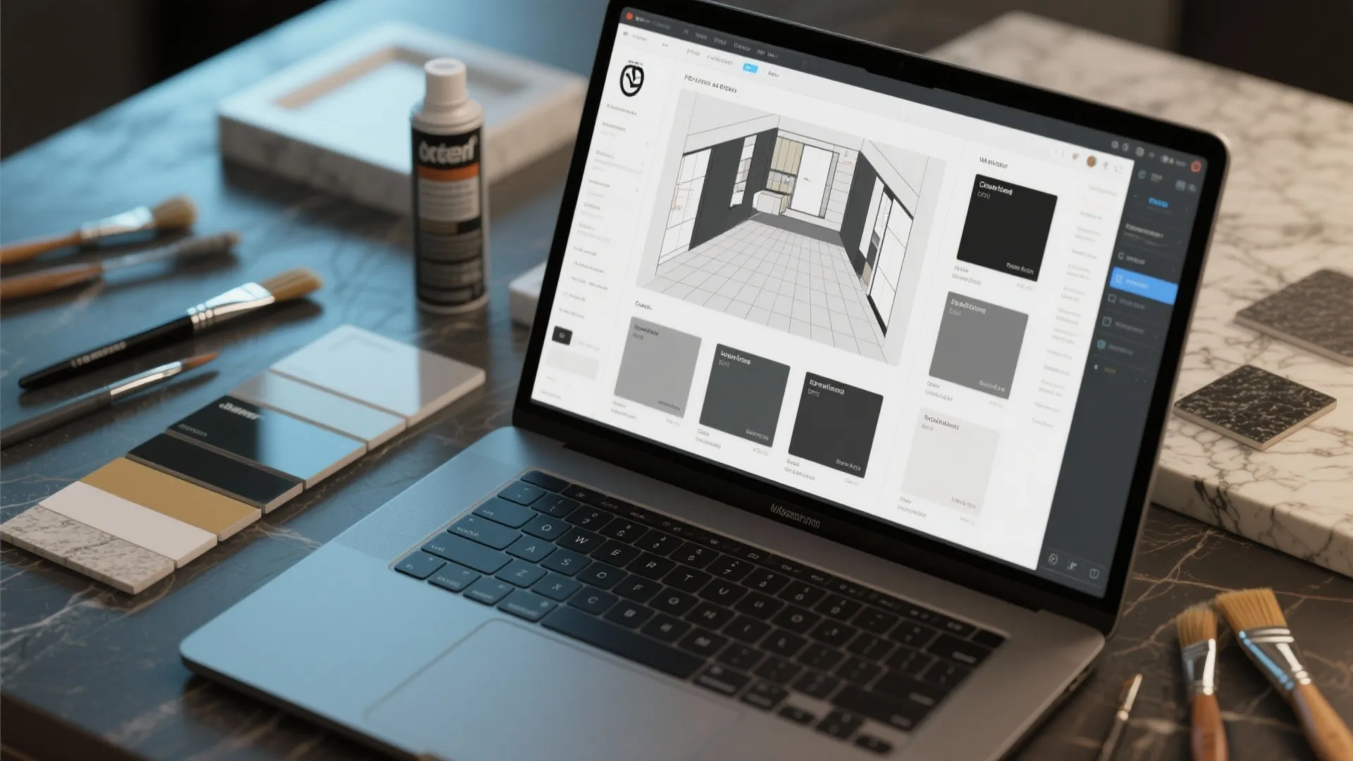 Paint swatches and a 3D floor planner showing charcoal options and countertop samples under varied lighting.