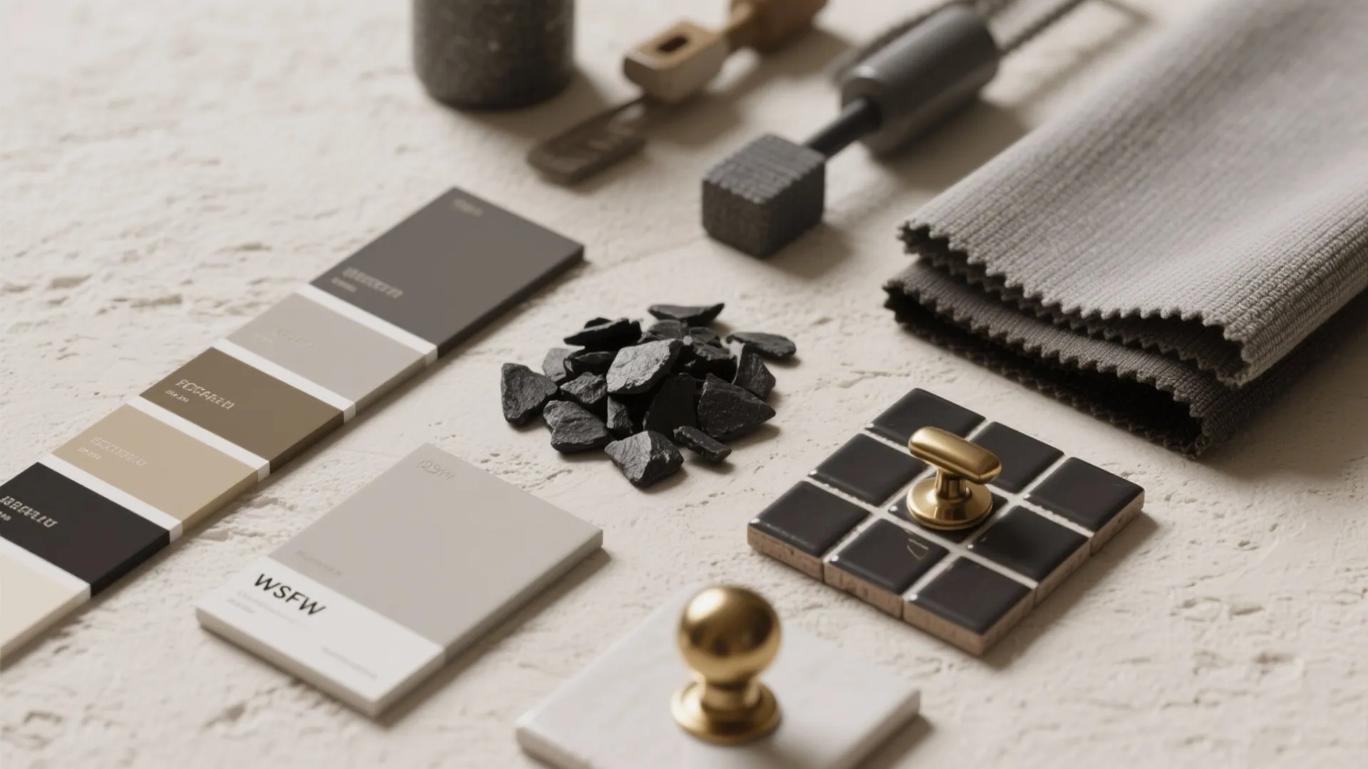 Flatlay of charcoal paint swatches, fabric samples, tiles and brass hardware to compare undertones.