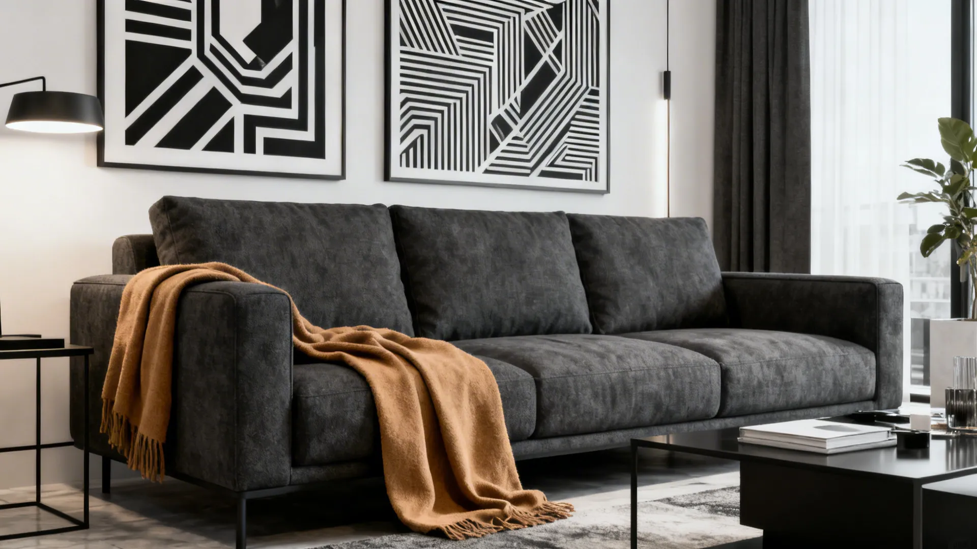 Modern living area with charcoal sofa, tan throws and bold monochrome graphic art for crisp contrast.
