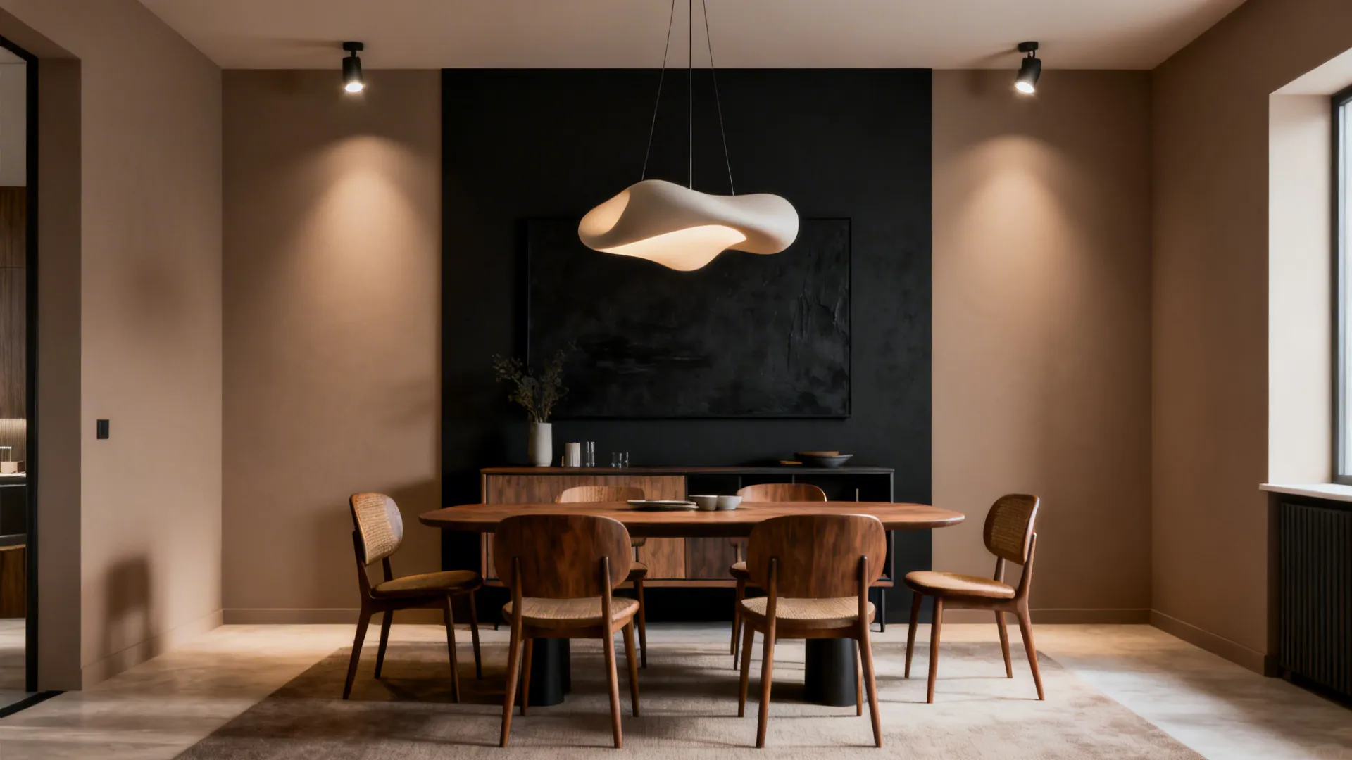 Dining room with charcoal accent wall and warm taupe surrounding walls, pendant light and buffet