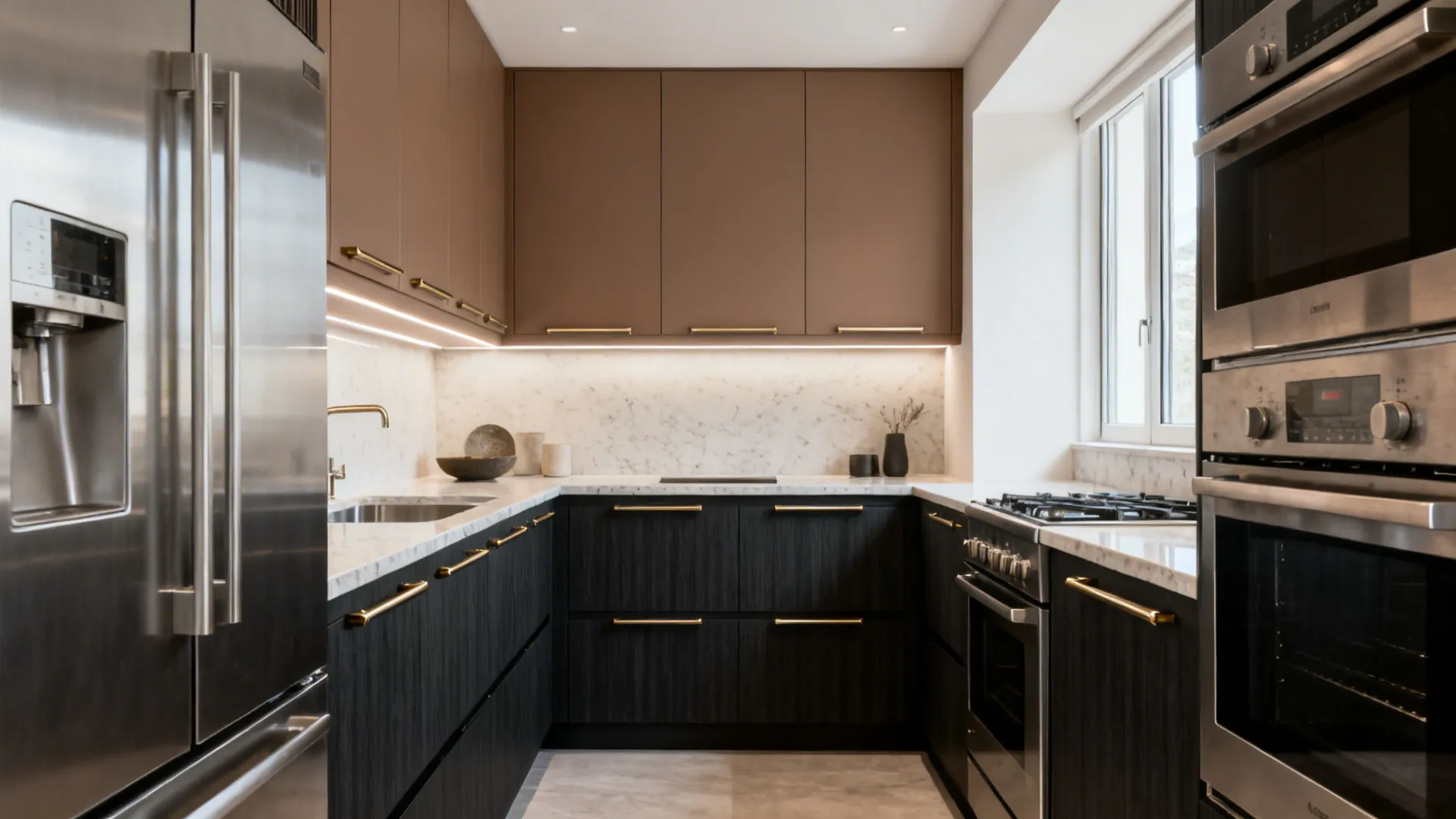 Galley kitchen with charcoal base cabinets, taupe uppers, and brushed metal accents.