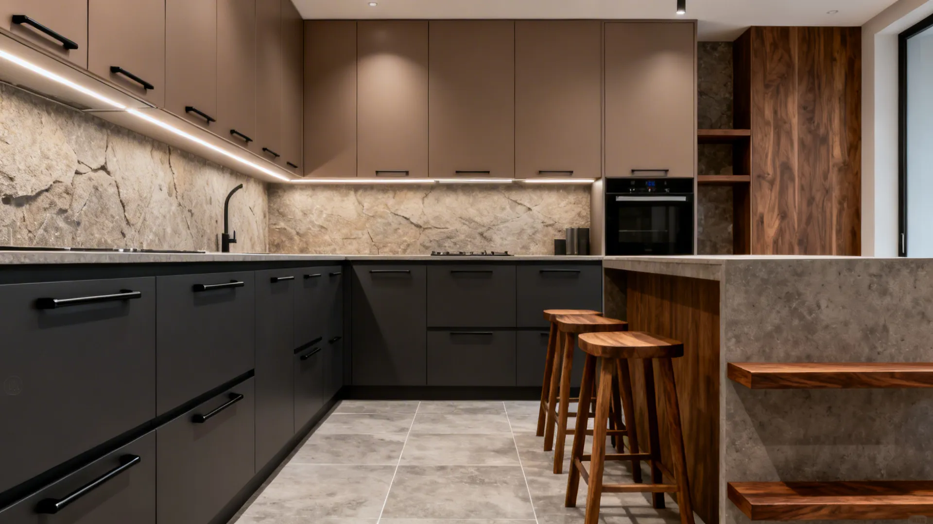 Charcoal base cabinets with taupe uppers and a textured stone backsplash in a soft-industrial style.