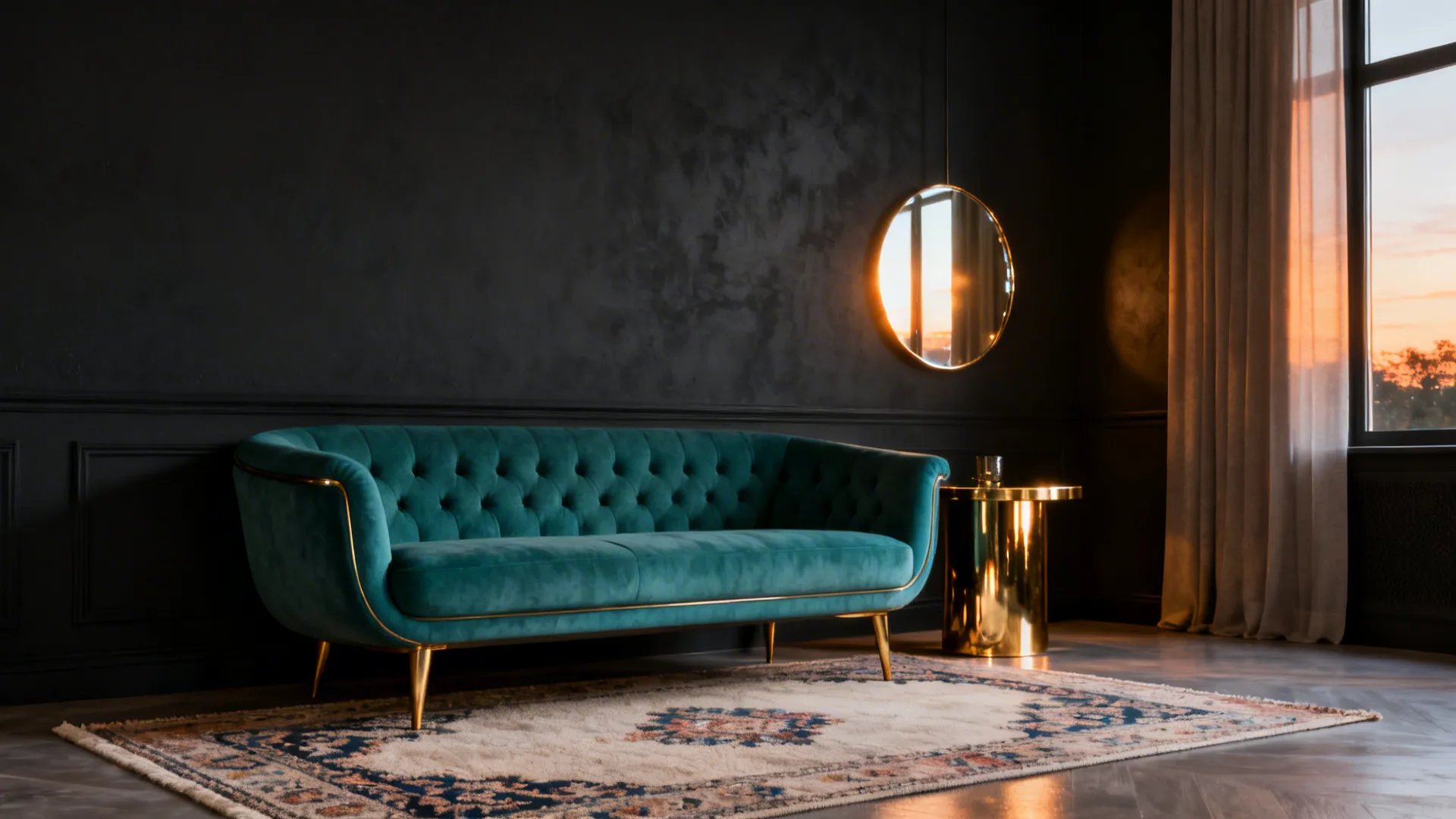 Living room with deep charcoal wall and a teal mid-century sofa, brass accents reflect light
