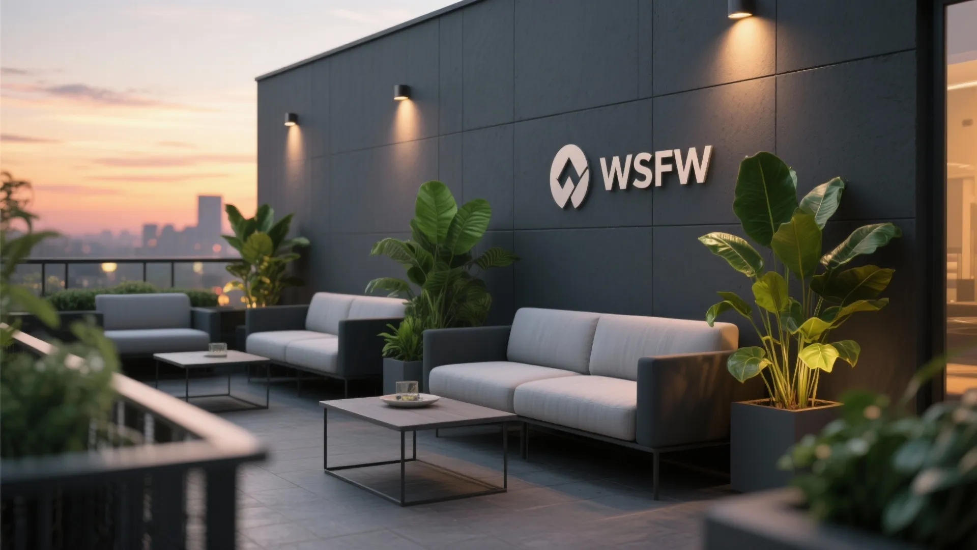 Modern rooftop terrace with charcoal wall logo grey sofas coffee tables green plants and lighting