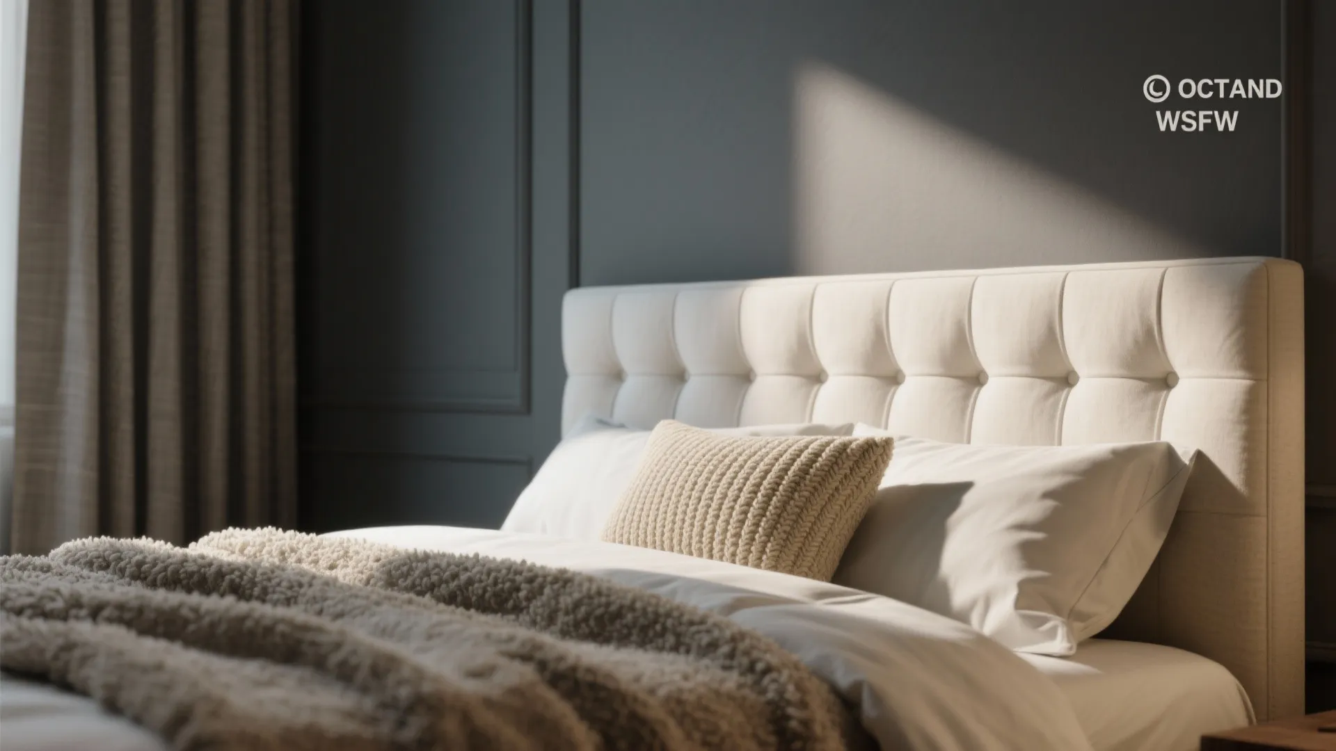 Close up of white tufted bed headboard with soft pillows and textured blanket in sunlight