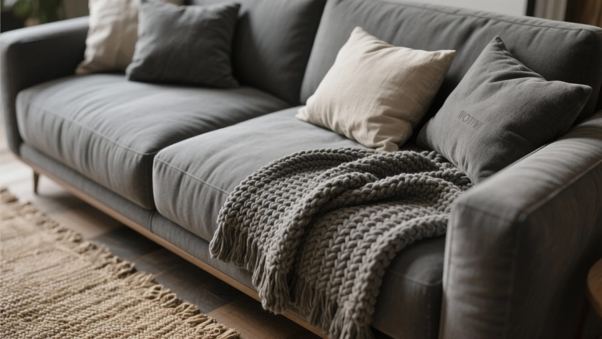 Grey sofa with pillows and a thick knit blanket on the seat near a rug