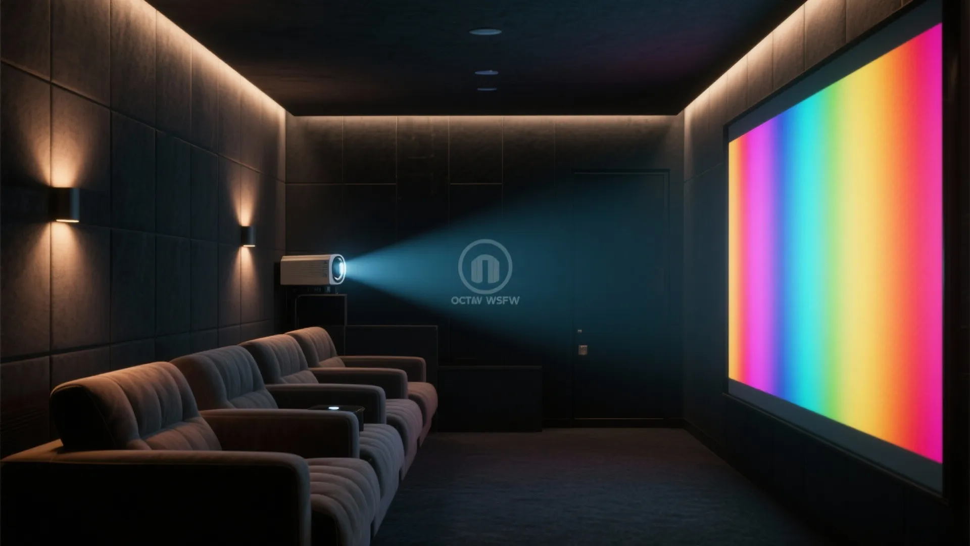 Modern home theater room with grey sofas and a projector beam hitting a colorful screen