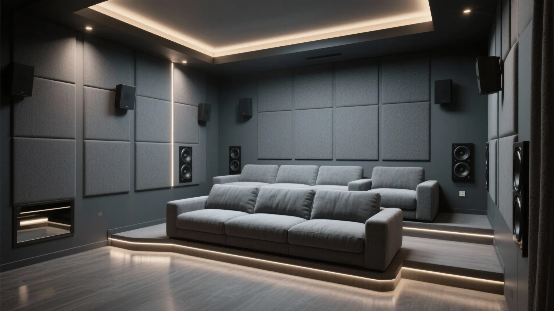 Modern dark grey home theater room with grey sofas wall panels speakers and warm lighting