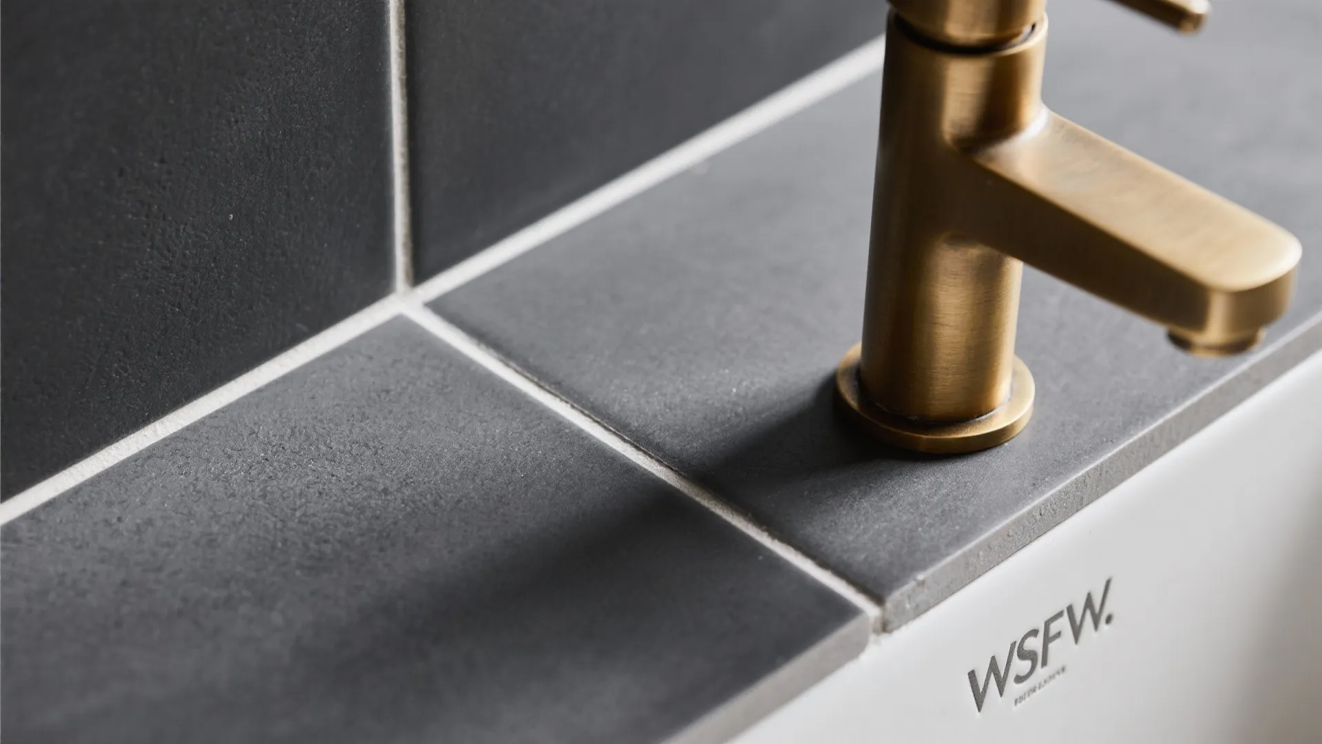 Macro of matte charcoal porcelain and brushed brass base with minimal grout.
