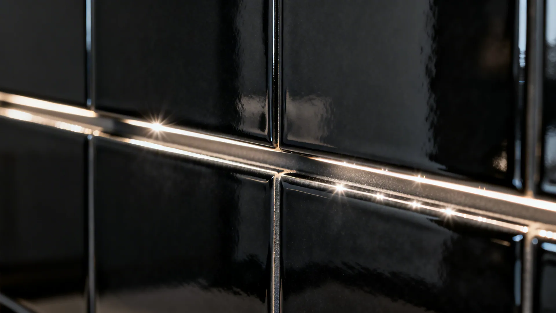 Macro of glossy charcoal tiles showing crisp reflections and neat grout lines.