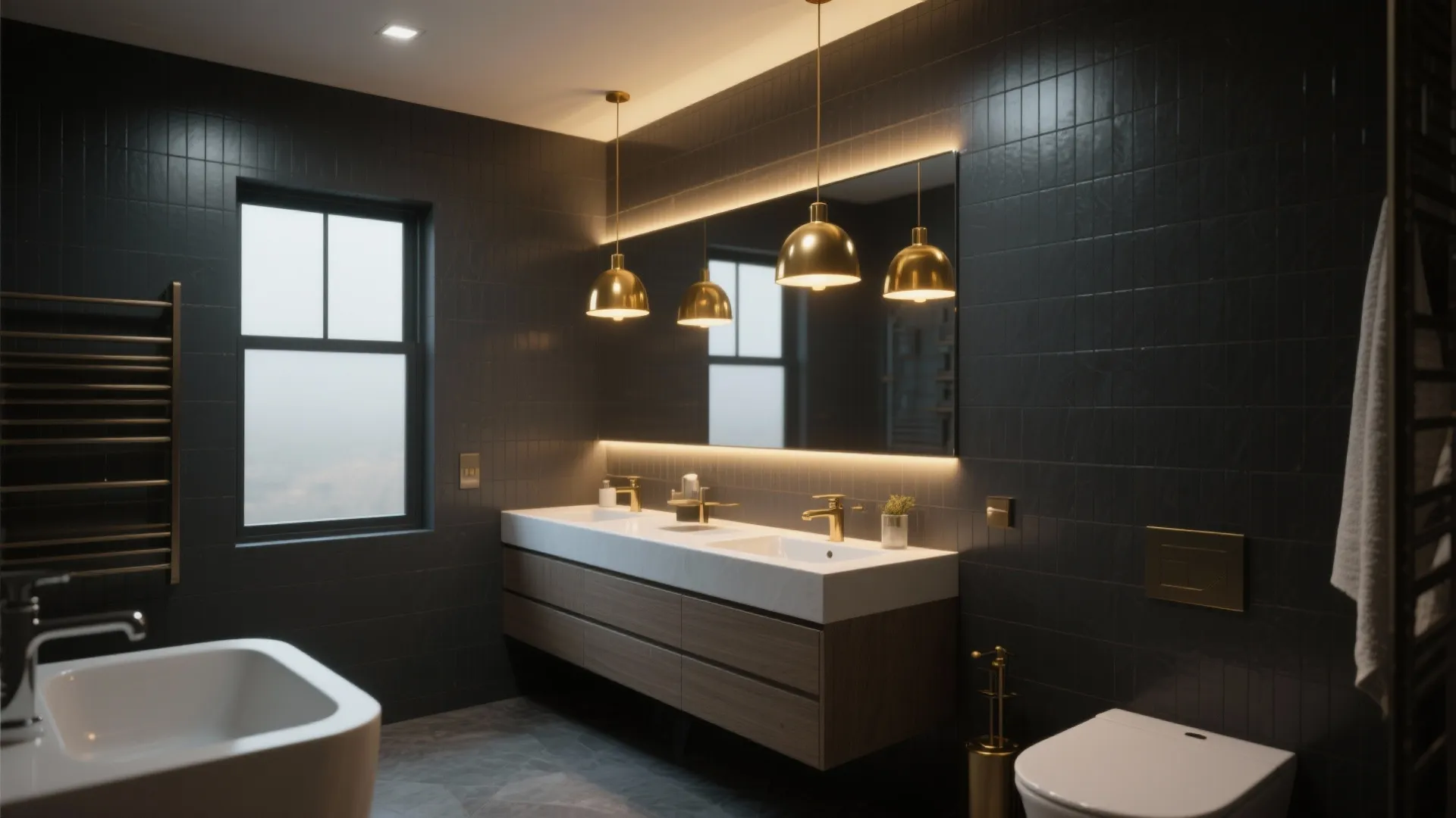 Dark bathroom with black wall tiles wooden double sink vanity and gold hanging ceiling lights
