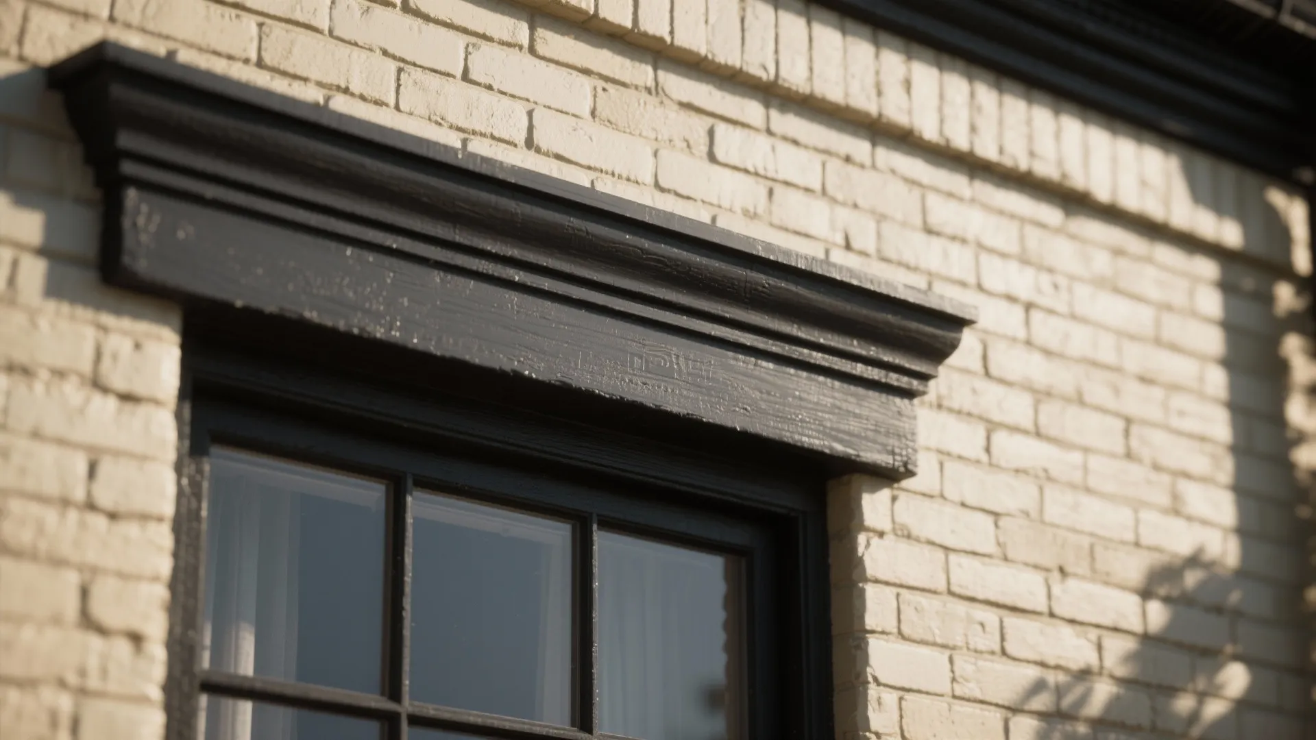 Black window frame with decorative trim mounted on a light beige brick wall in sunlight