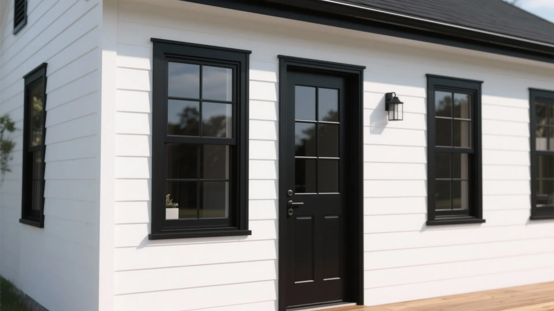 White house exterior with black door black windows wall light and a light wood floor deck
