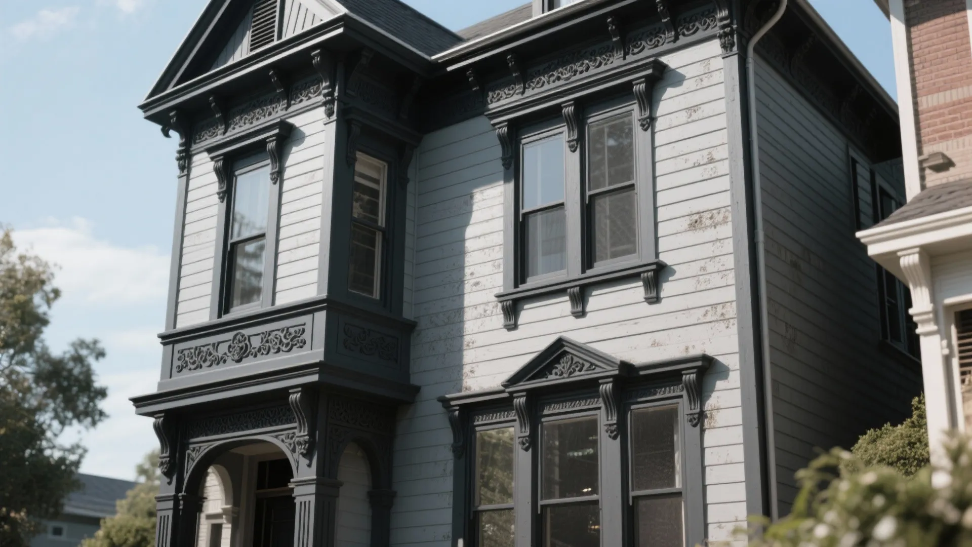 Two story house with light grey wood walls dark blue window frames and decorative roof trim