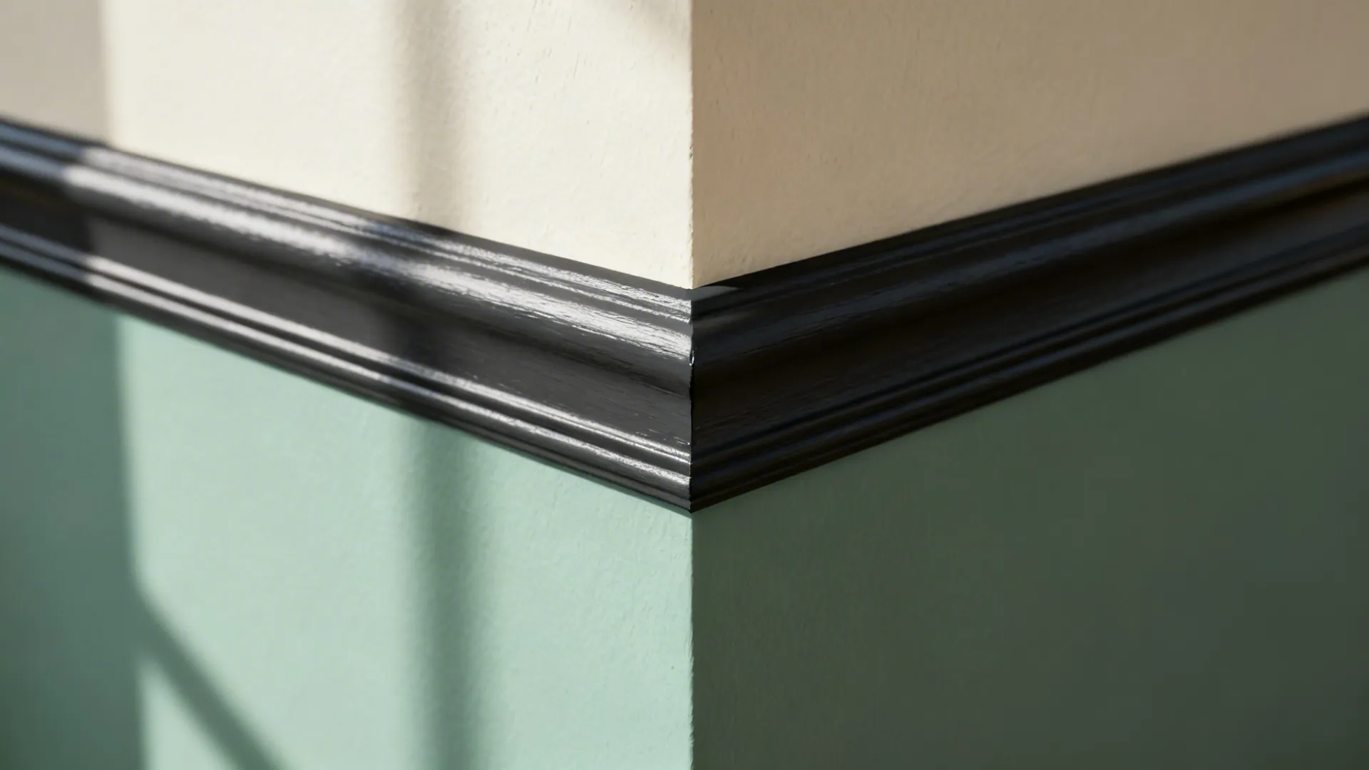 Close-up of charcoal trim against cream and sage walls with crisp paint lines.