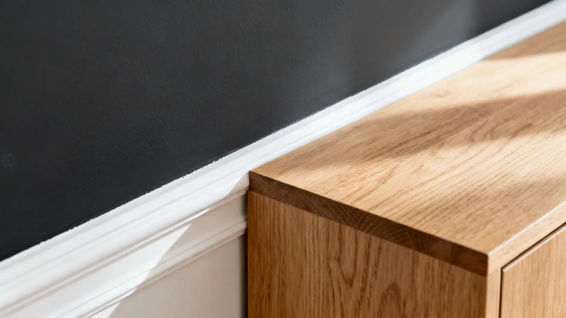 Macro of matte charcoal wall, white trim, and light oak grain under soft daylight.