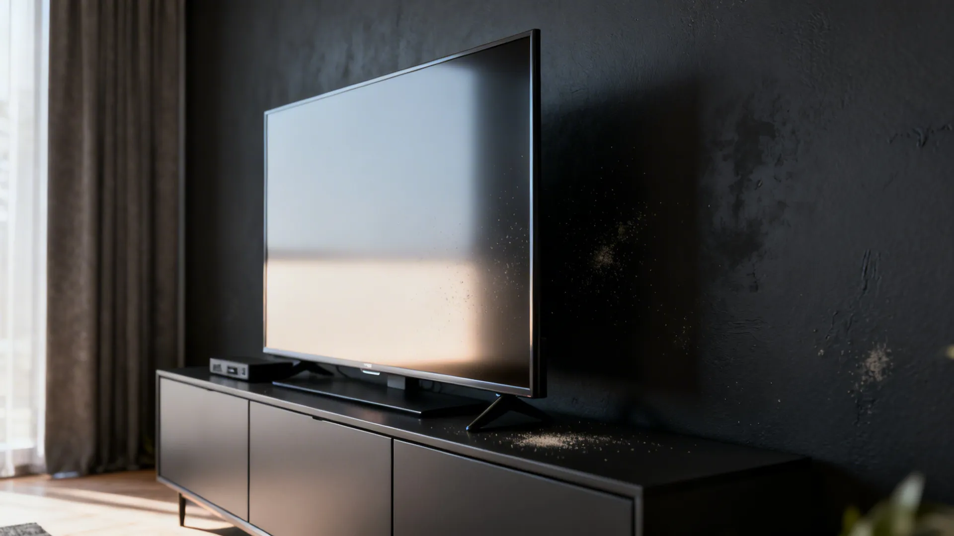 Living room with a deep charcoal accent wall behind a TV and matte satin finish