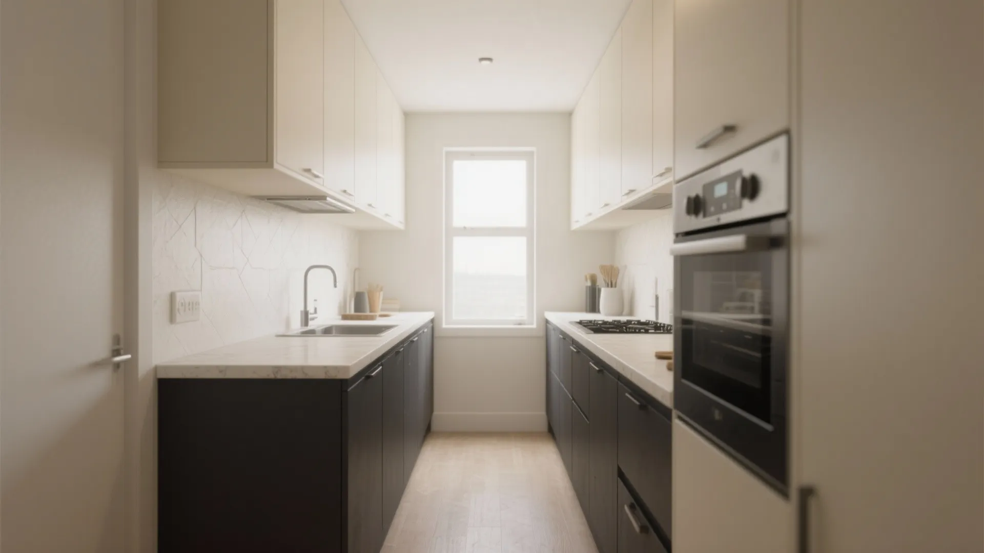 2. Two-tone lower charcoal cabinets + light upper units