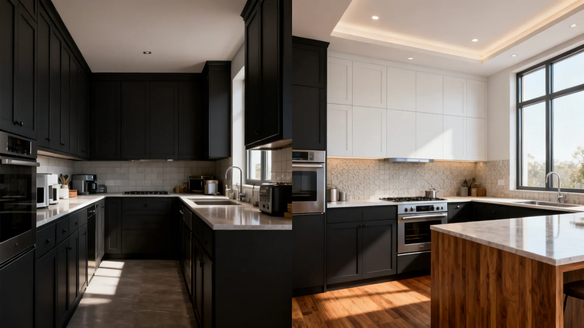 Before and after view showing charcoal lower cabinets with light upper cabinets improving balance in a small kitchen.