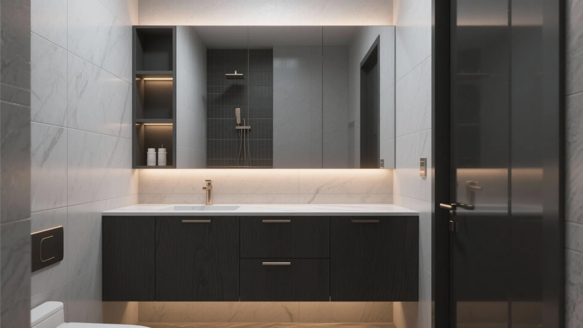 Charcoal Vanity + Smart Niches: Bold, Space-Savvy Storage