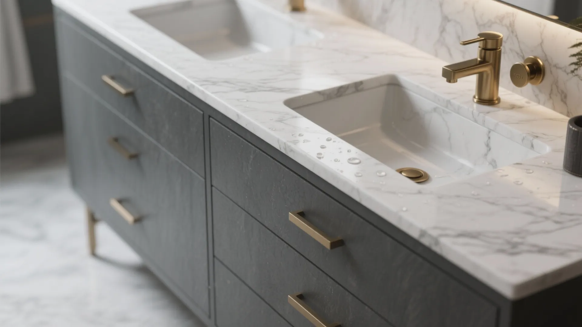Charcoal grey vanity with white marble countertop and brass hardware, detailed marble veining