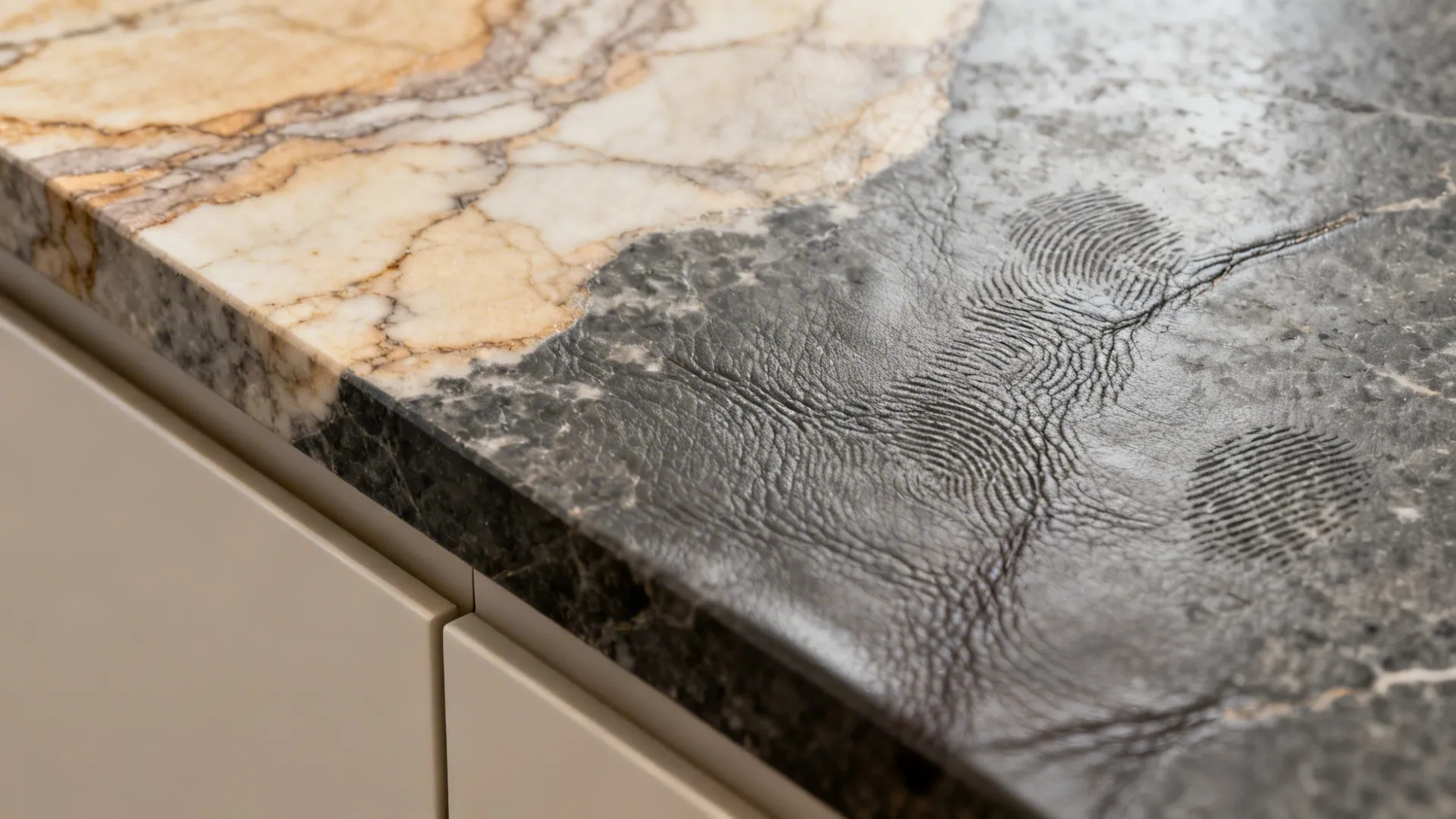 Macro of charcoal countertop with warm taupe veining and a tactile leathered finish.