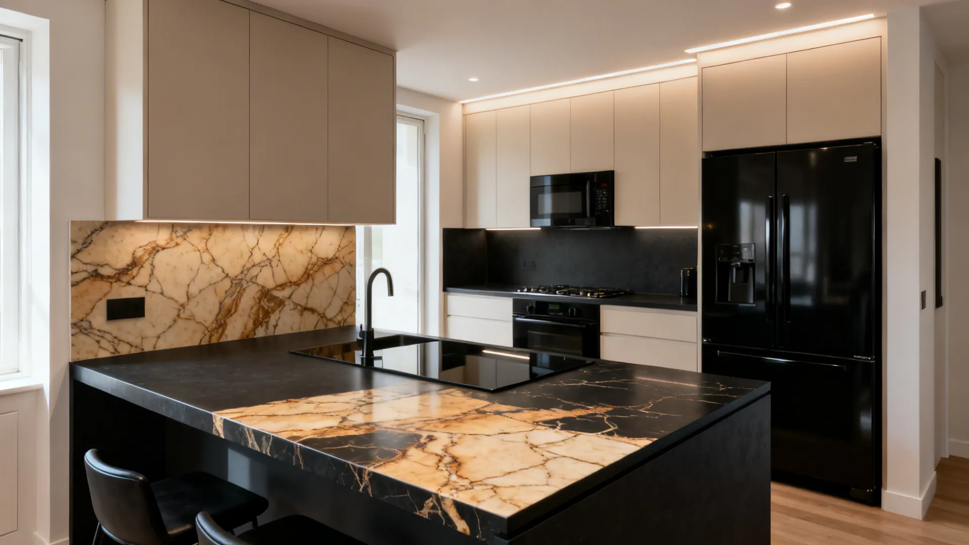 Small kitchen with charcoal countertop and warm veining balanced by light cabinets and bright lighting.
