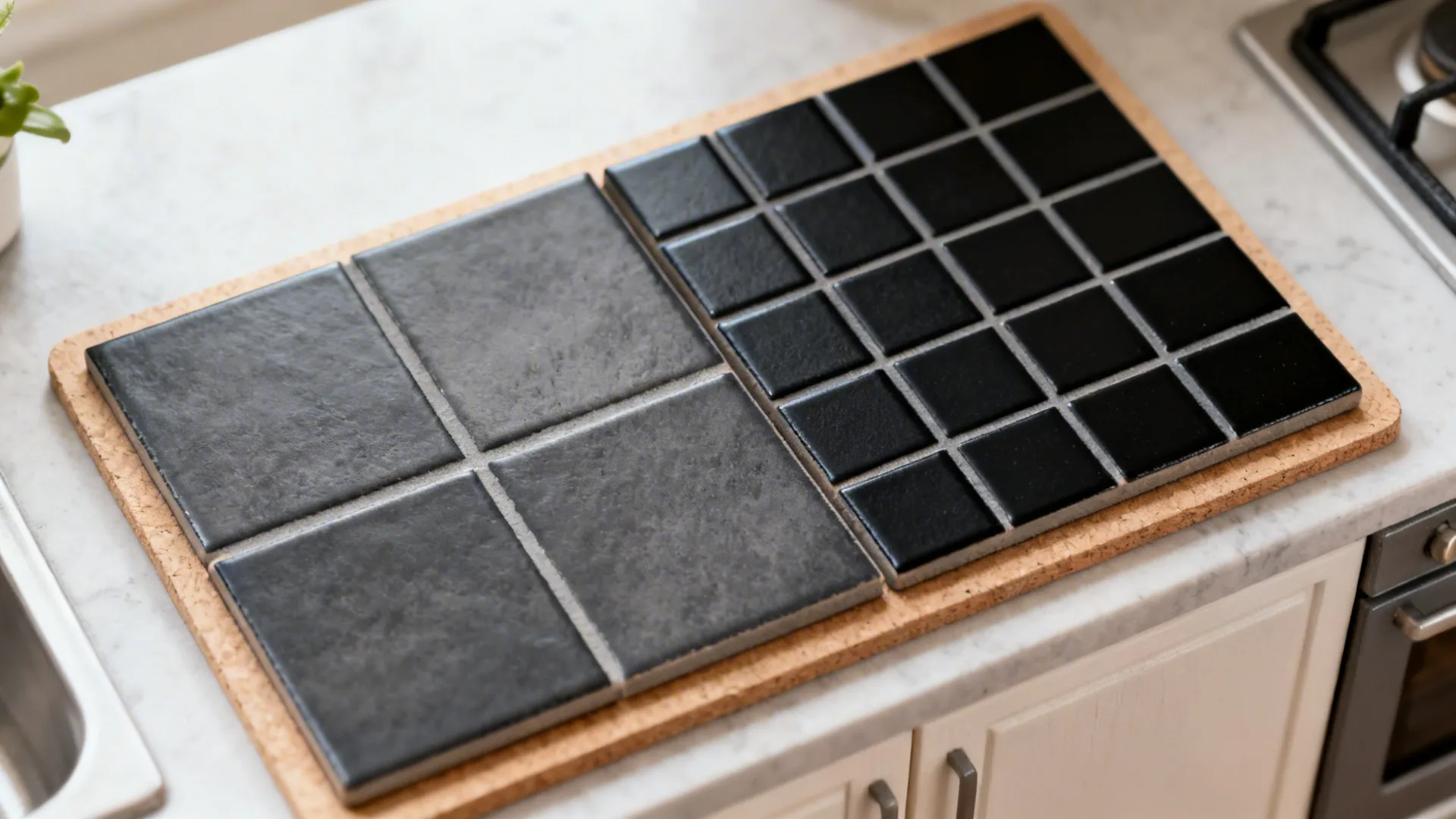 Top-down comparison of black tiles with charcoal grout versus true black grout under soft light.