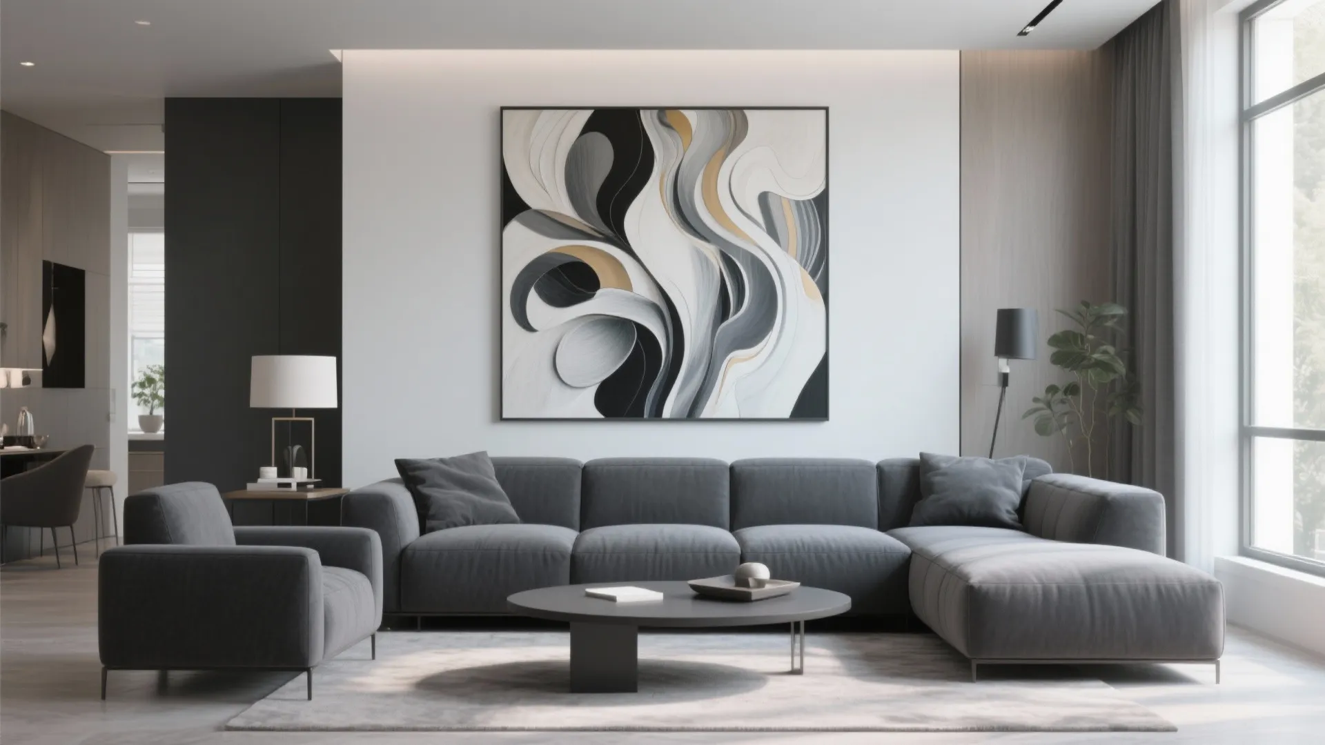Modern living room with a large abstract wall painting over a grey sofa and chair