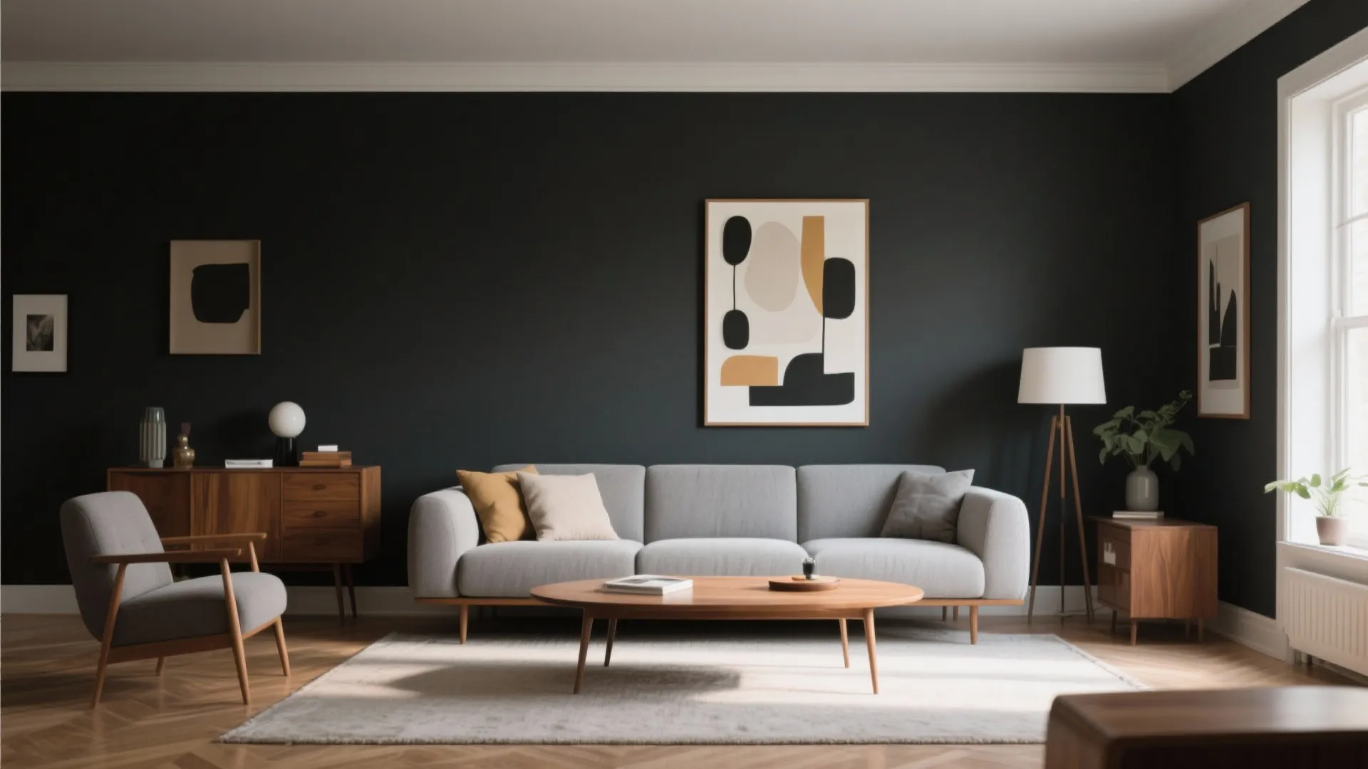 Living room with deep charcoal walls and light gray furniture