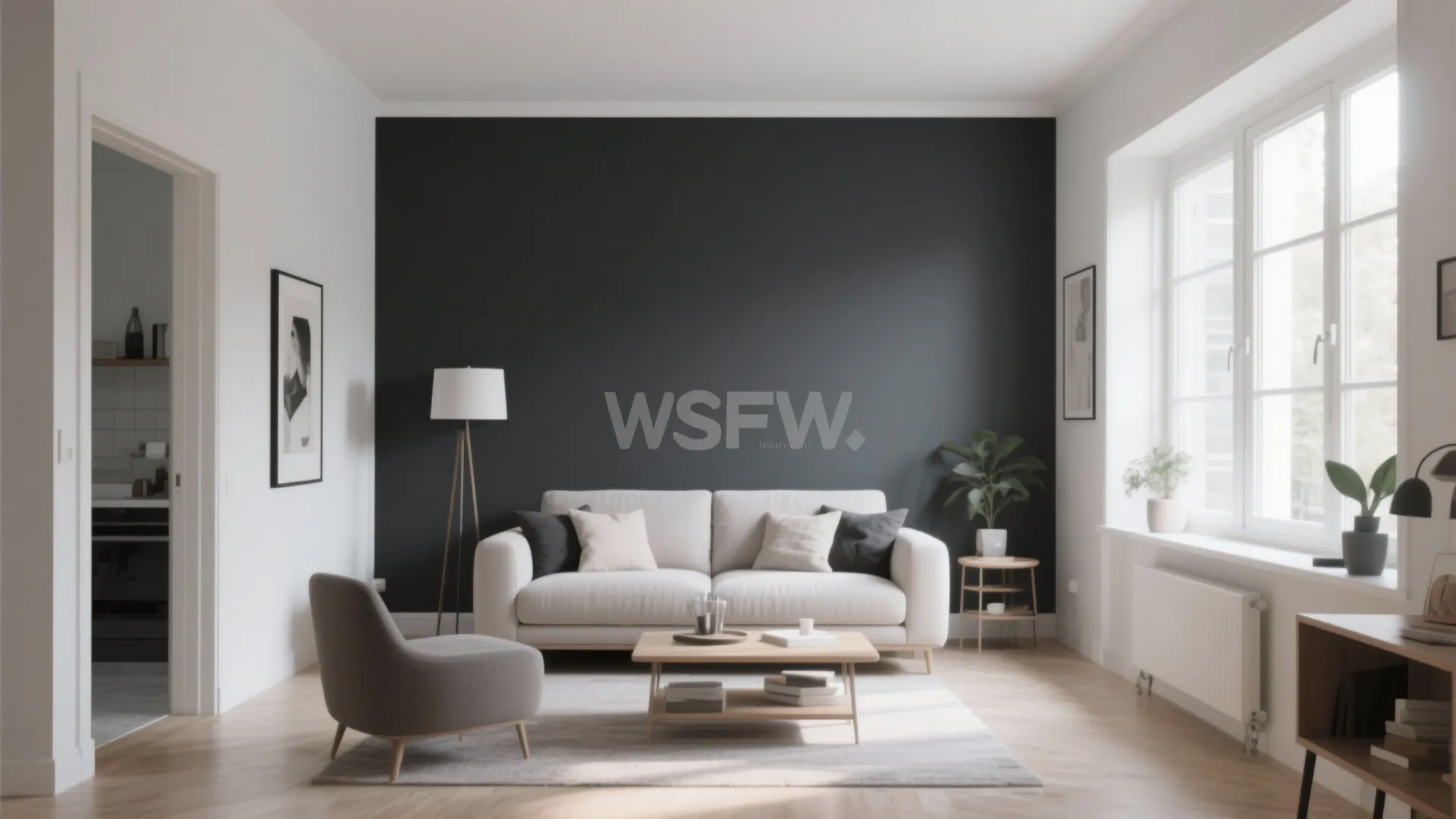 Living room with charcoal accent wall featuring a white sofa wooden coffee table and armchair