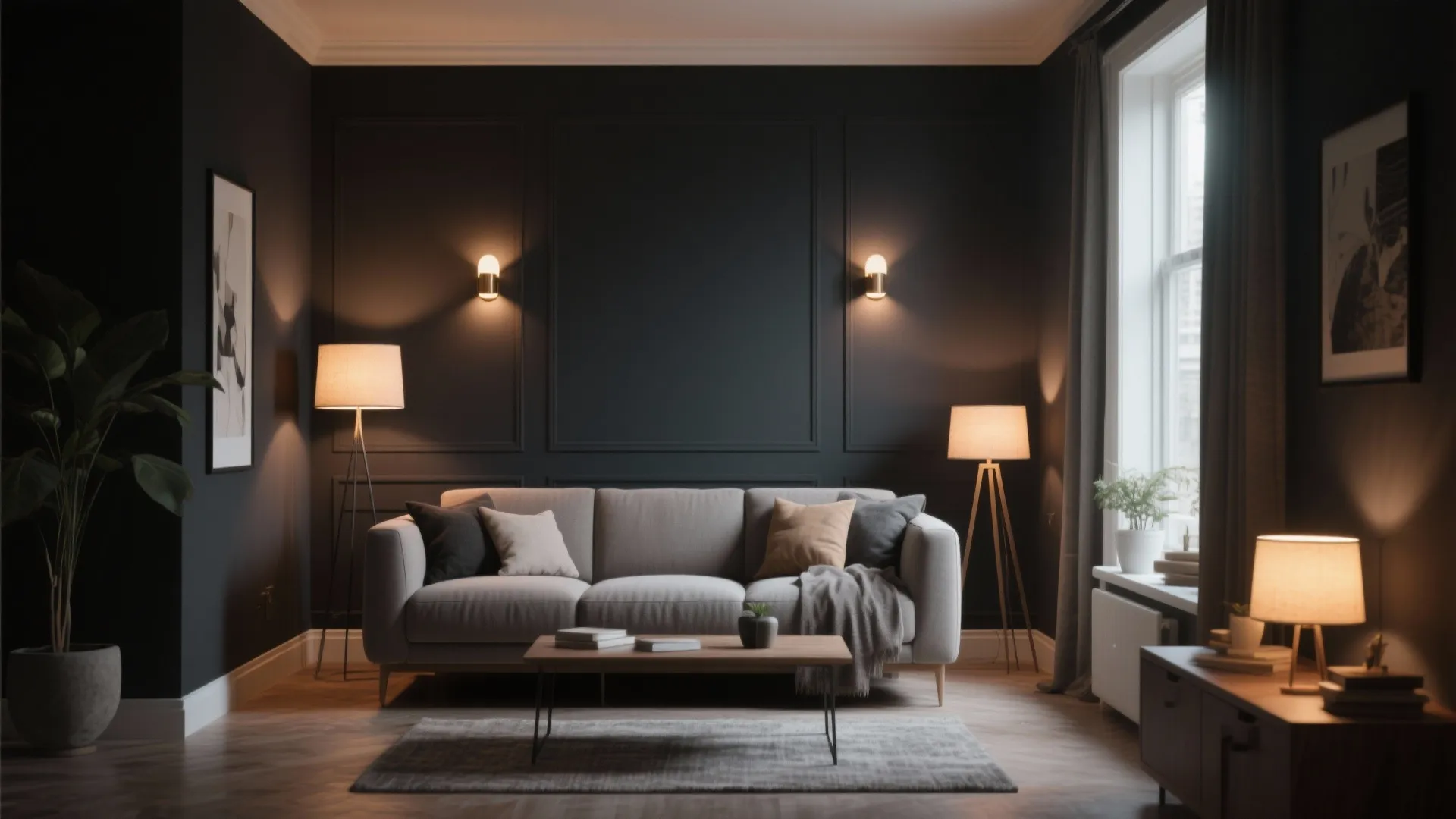Deep Charcoal Walls with Layered Lighting