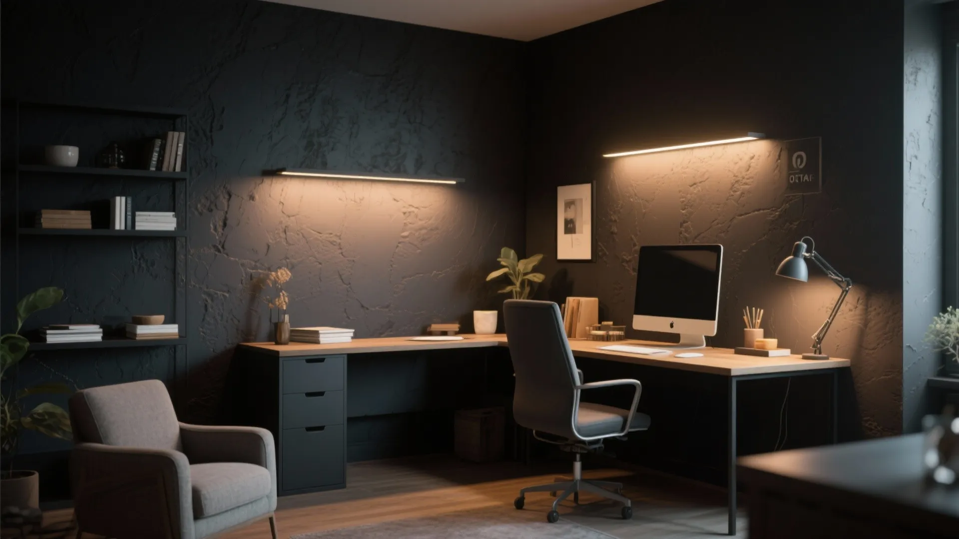 Modern home office featuring dark textured walls wooden desk gray chair computer and warm lights