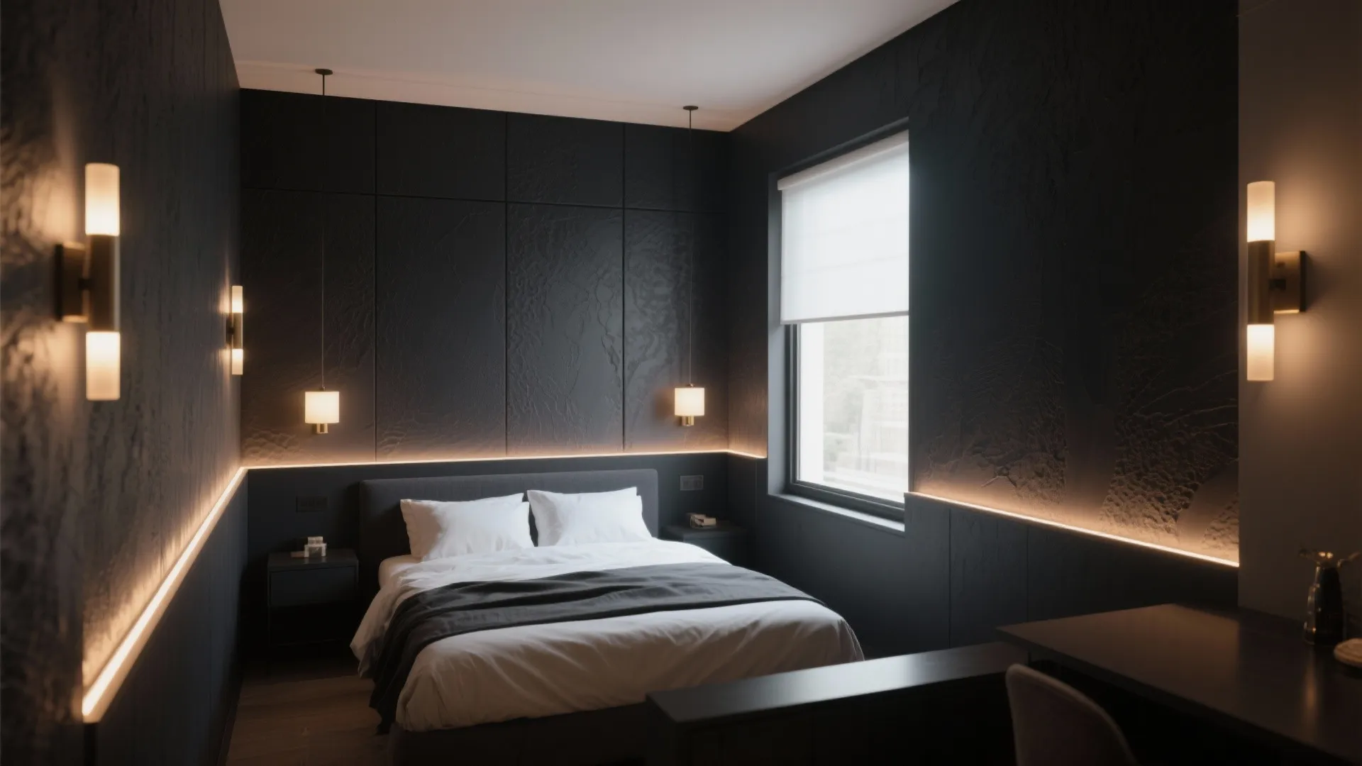 Moody bedroom with charcoal wall panels warm strip lighting wall lights and a white bed set