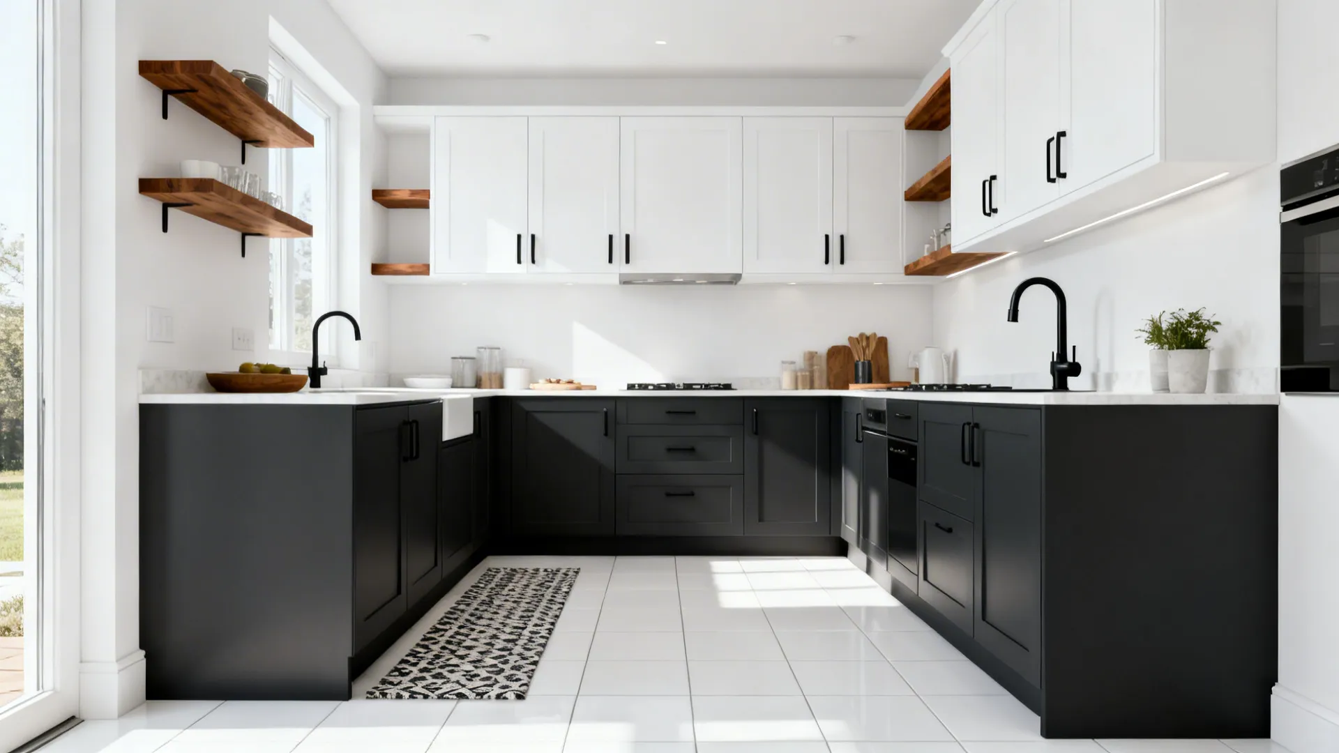 Modern kitchen featuring black lower cabinets white upper cabinets wooden shelves and white tiled floor