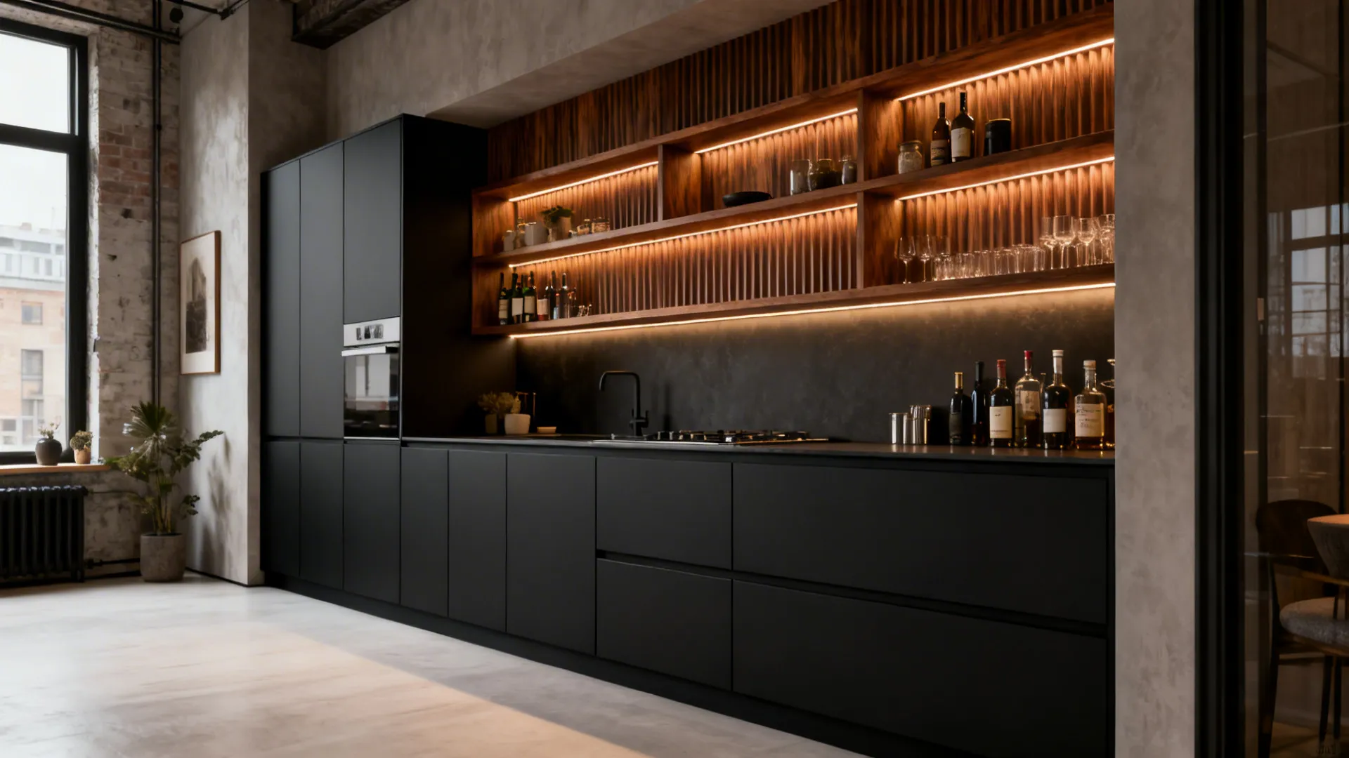 Matte charcoal cabinets with walnut shelves and warm under-cab lighting