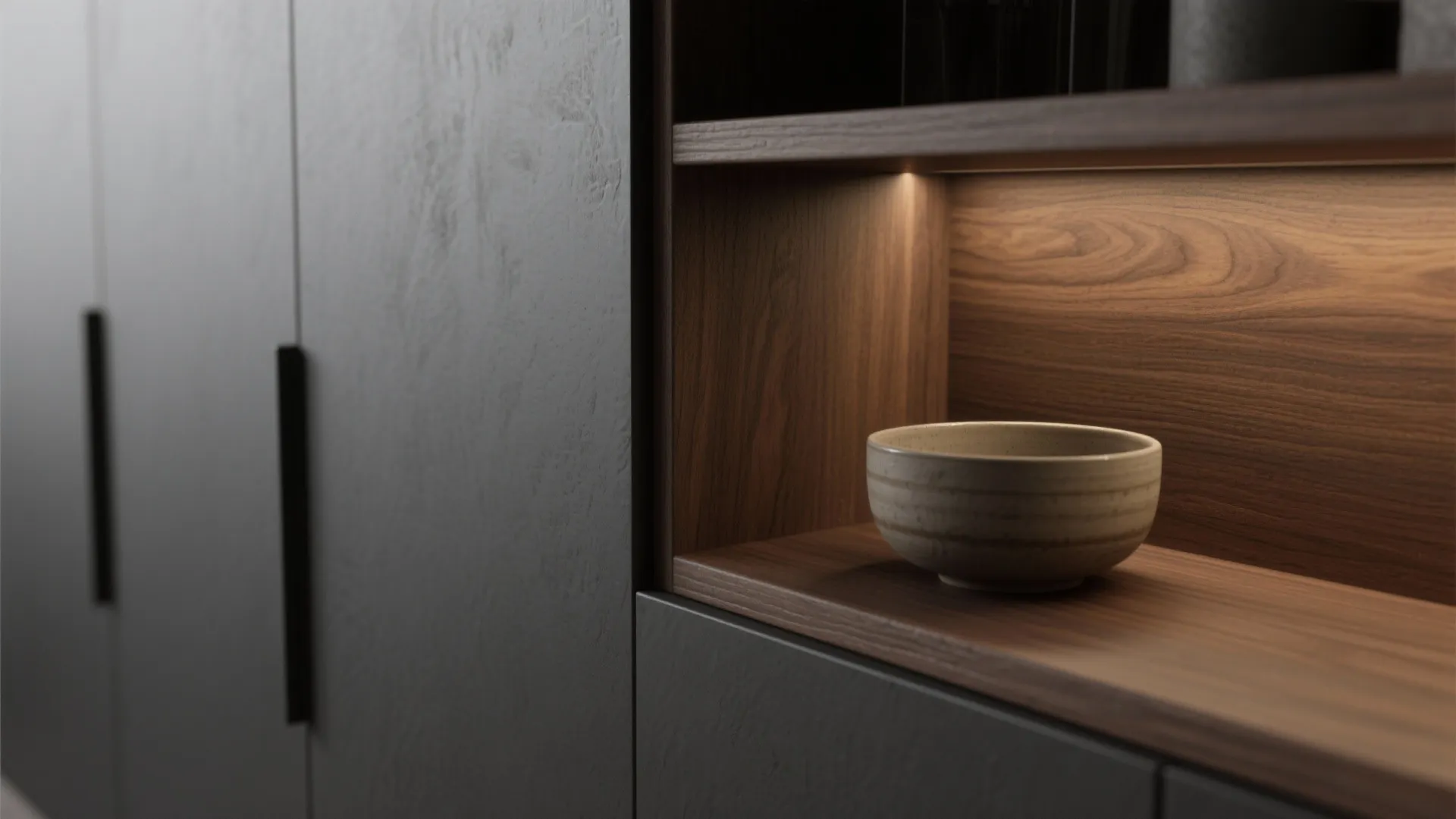 1. Matte Charcoal Cabinets + Walnut Open Shelves