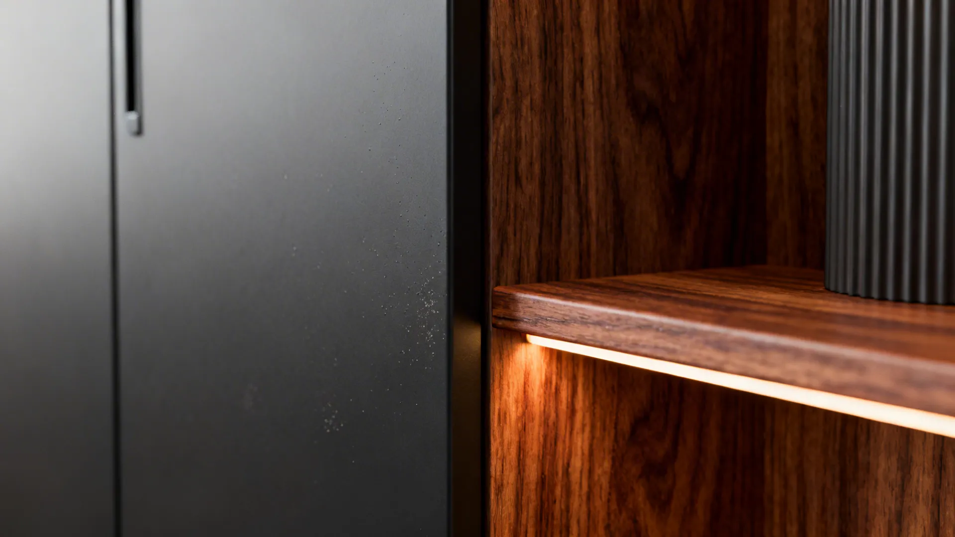 Macro of matte charcoal cabinet edge with fluted walnut and warm LED