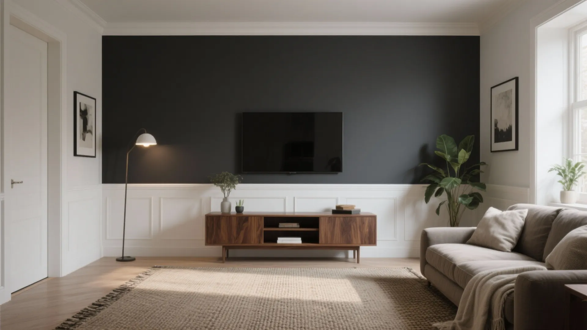 Charcoal + Warm White + Walnut (Calm Living Room Depth)