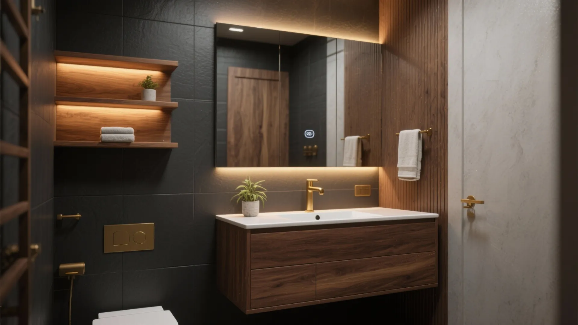 Luxury bathroom interior featuring walnut wood cabinet gold faucet backlit mirror and black wall tiles