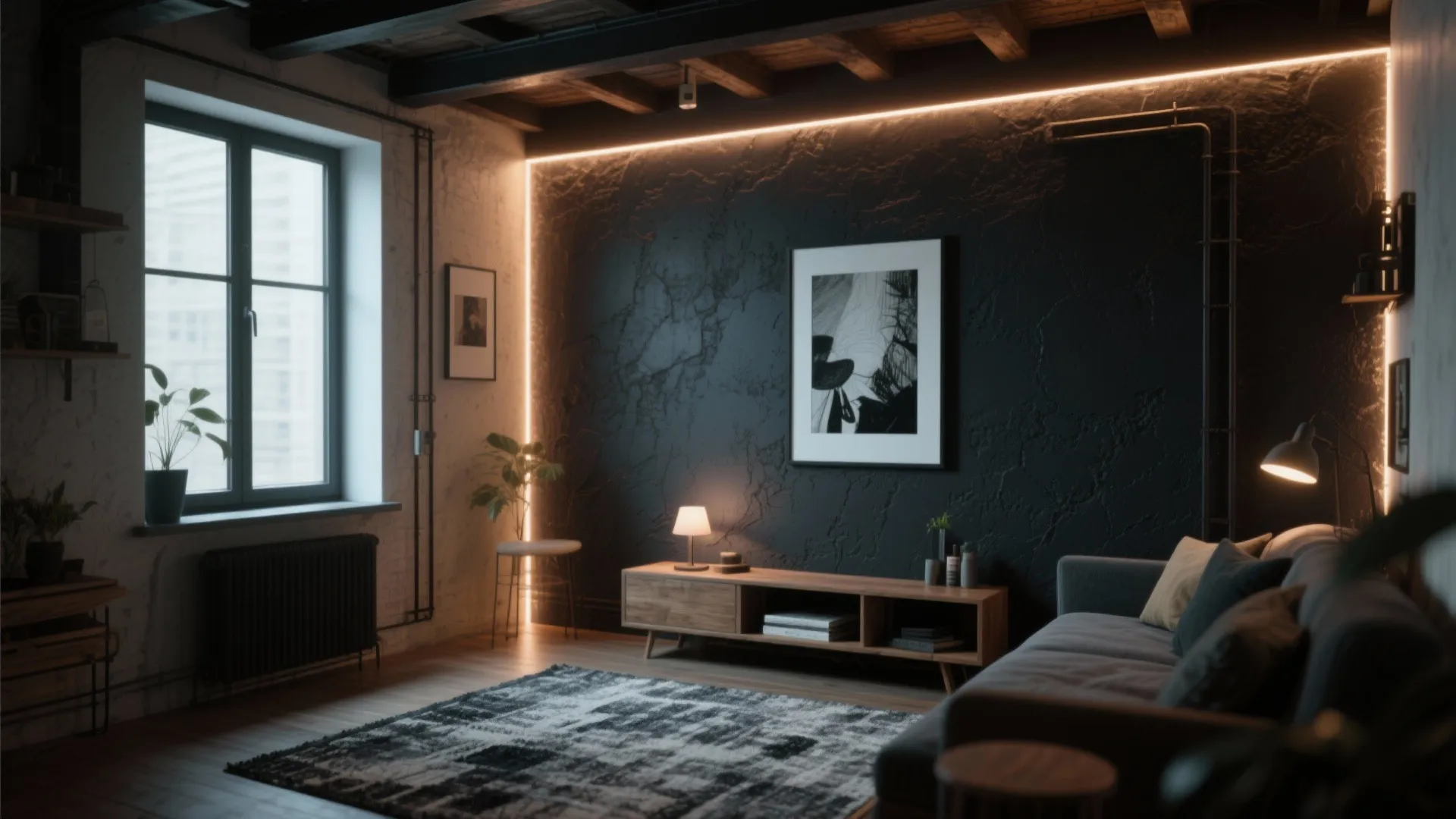 5. Charcoal Accent with Warm Lighting