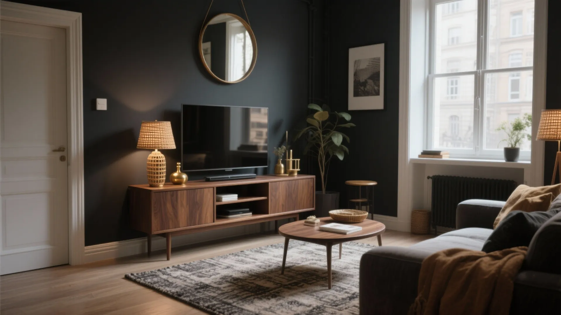 Modern living room with black walls wood cabinet television round mirror grey sofa and patterned rug
