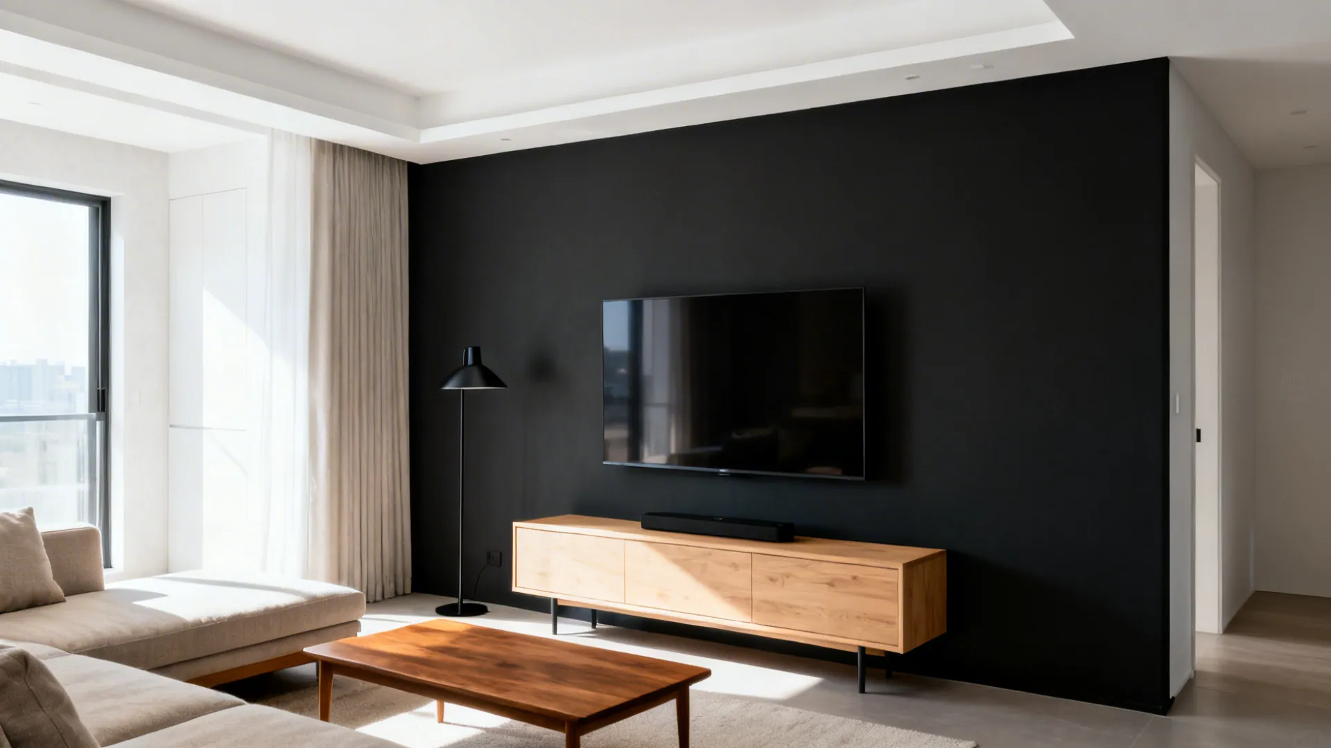 Small living room with charcoal accent wall, white ceiling, and light oak media unit.