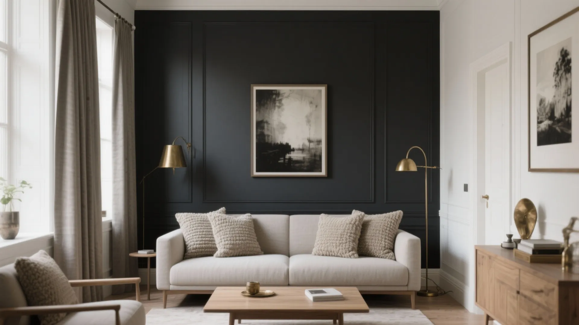 Elegant living room with black wall panel white sofa gold floor lamps and wood cabinet