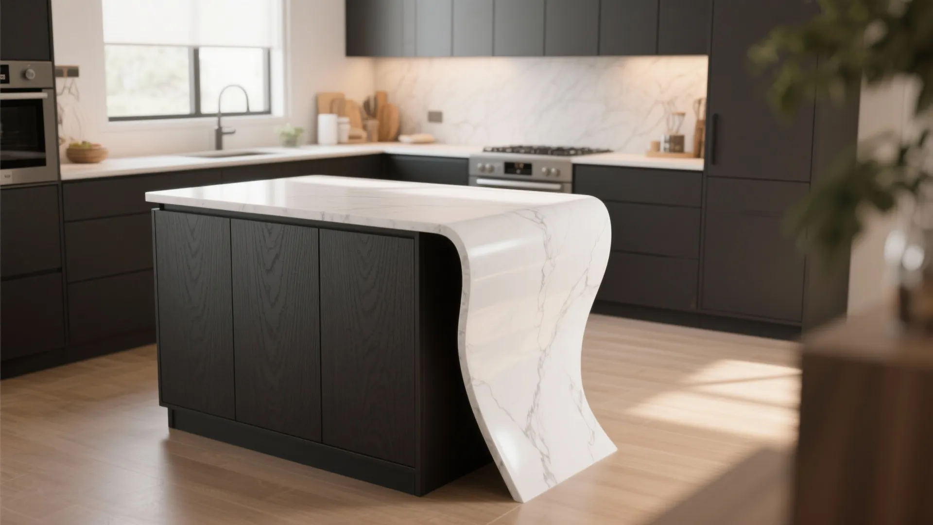 3. Charcoal cabinets + waterfall white countertop